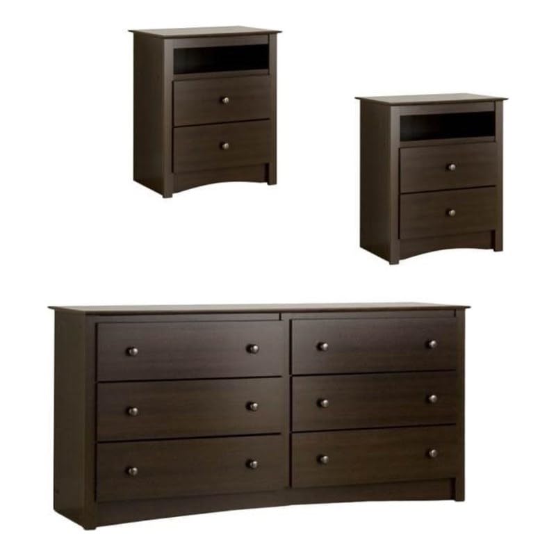 Pemberly Row 3-Piece Bedroom Set with 2 Nightstands & Dresser in Espresso Finish - Perfect for Master Bedroom or Guest Room Furniture