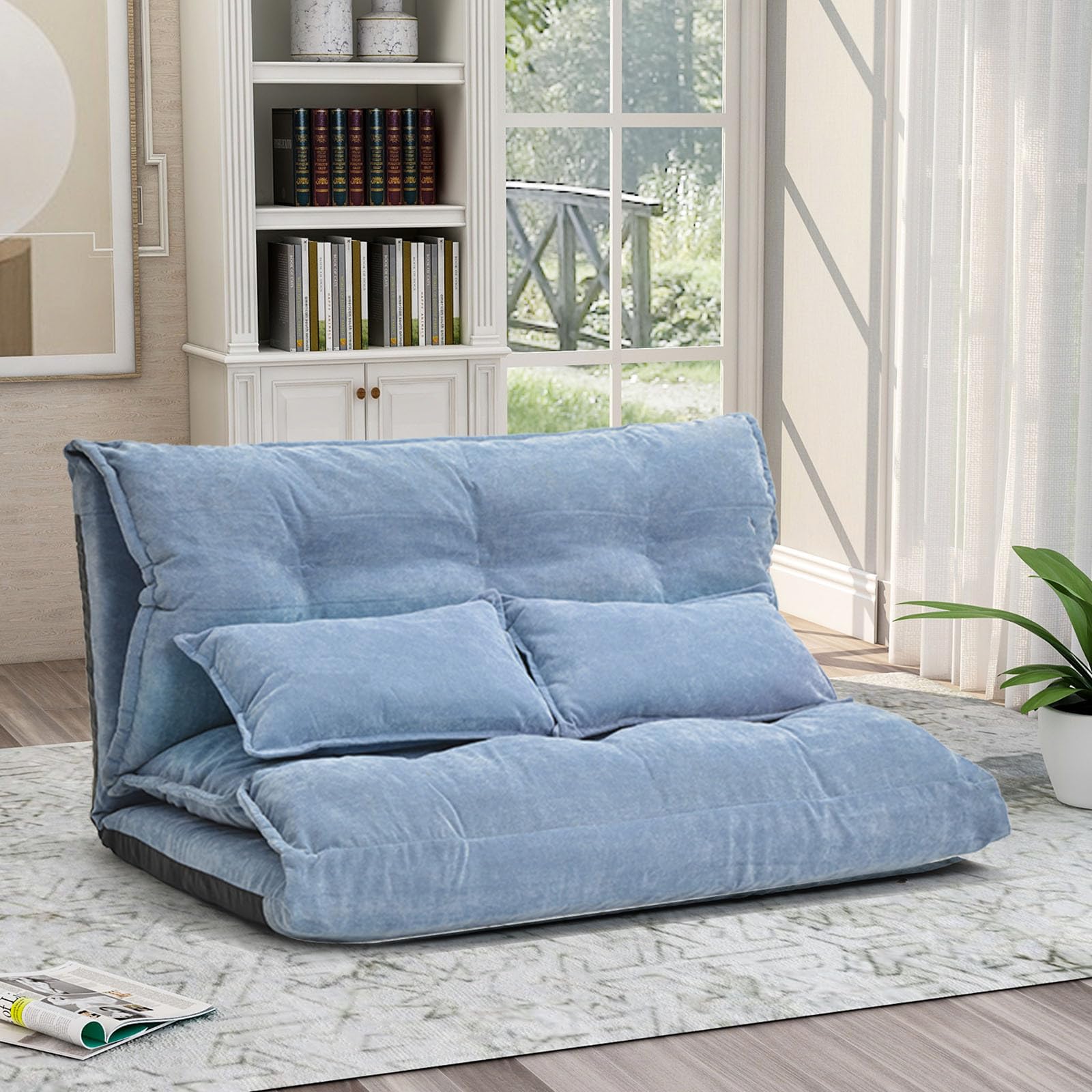 Adjustable Floor Sofa Bed with 2 Pillows - Foldable Futon Couch with Steel Frame, 5-Position Reclining - Perfect for Small Spaces, Bedroom, Gaming & Relaxation - Blue