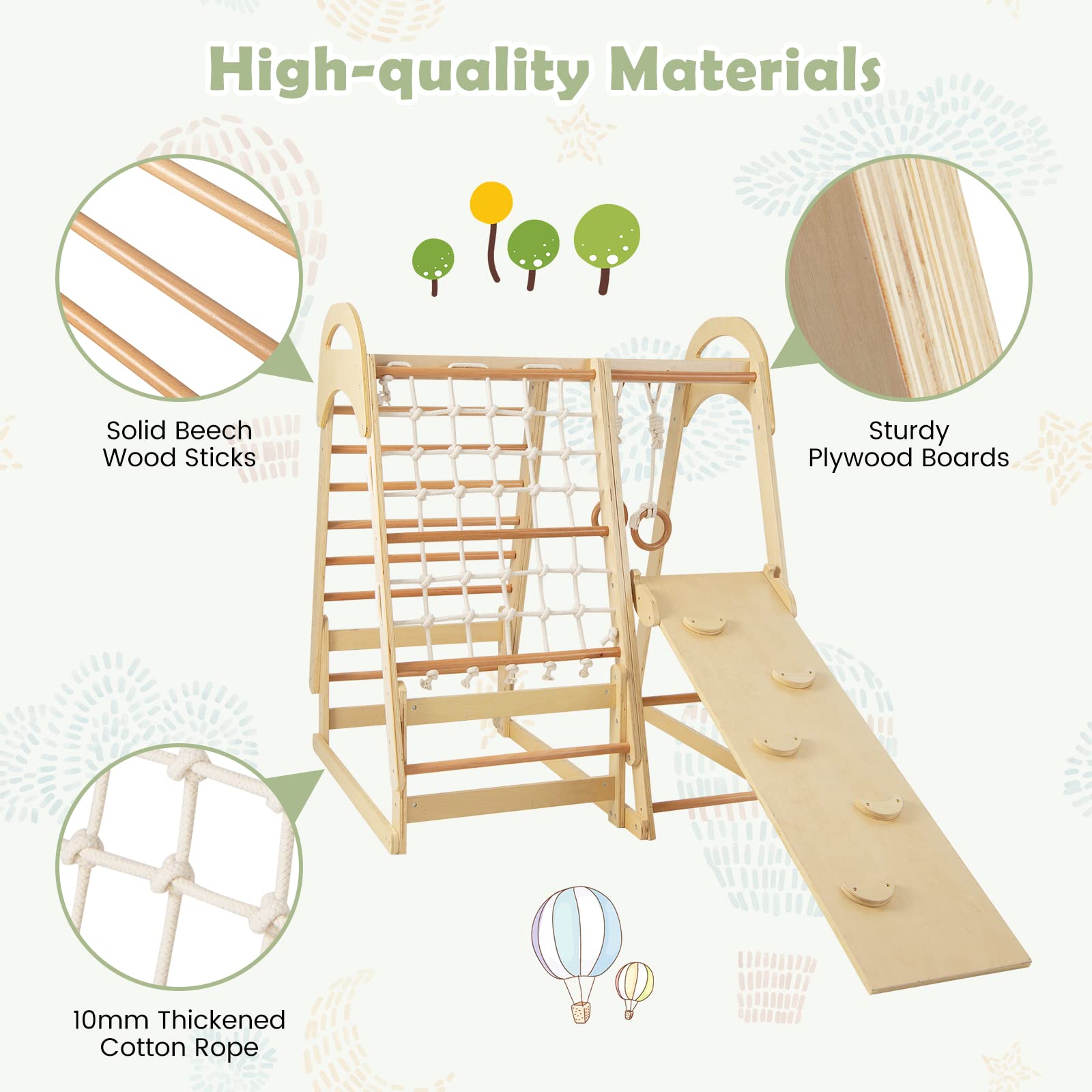 Costzon 7-in-1 Indoor Jungle Gym for Toddlers - Montessori Climbing Toys with Slide, Climbing Net & Gymnastic Rings - Wooden Playground Climber Playset for Kids Ages 3+ | Perfect for Indoor Playrooms, Daycares & Birthday Gifts