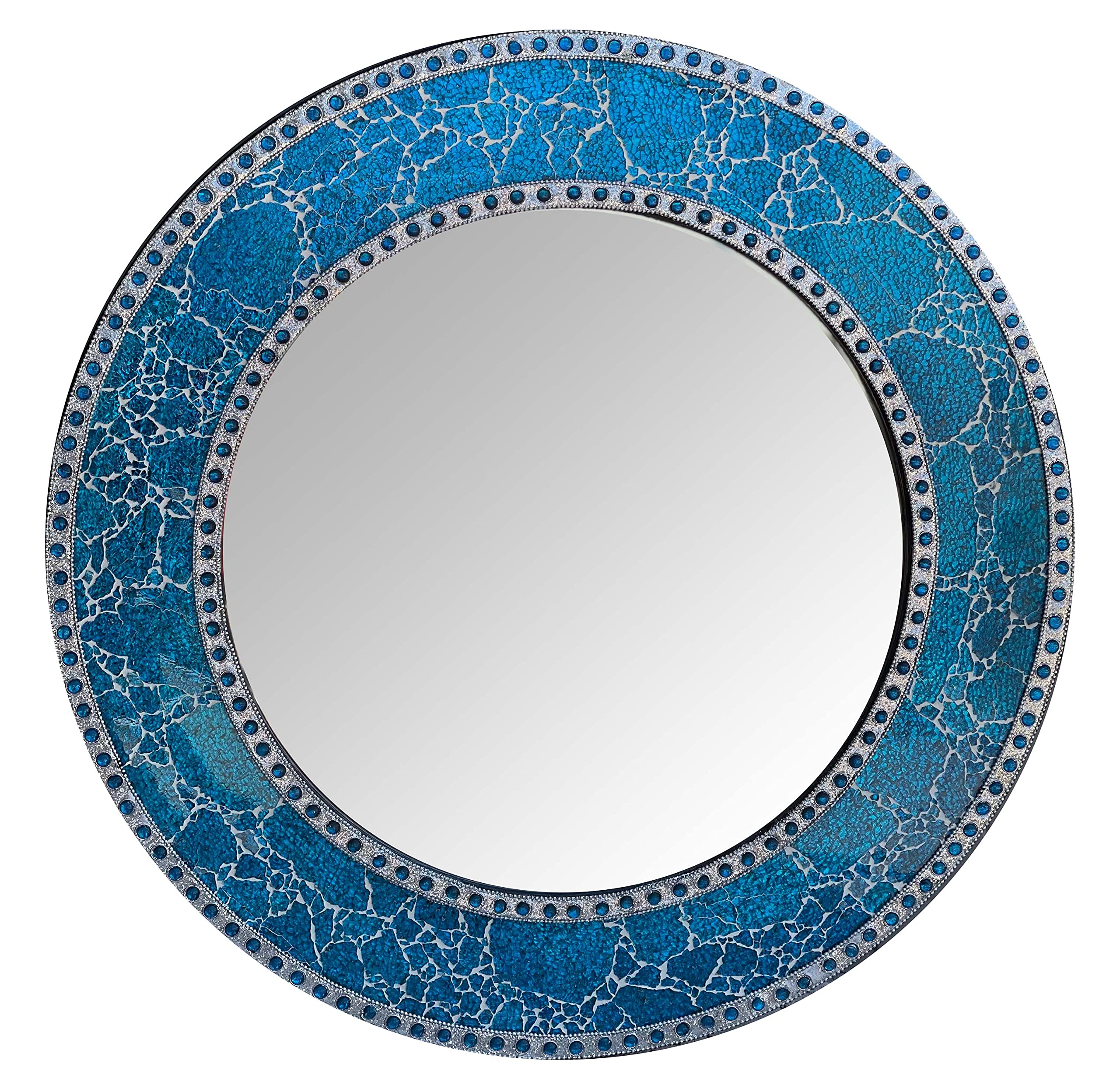 24-Inch Round Crackled Glass Mosaic Wall Mirror in Sapphire Blue - Decorative Bathroom Vanity Mirror, Bedroom Accent Mirror for Home Decor