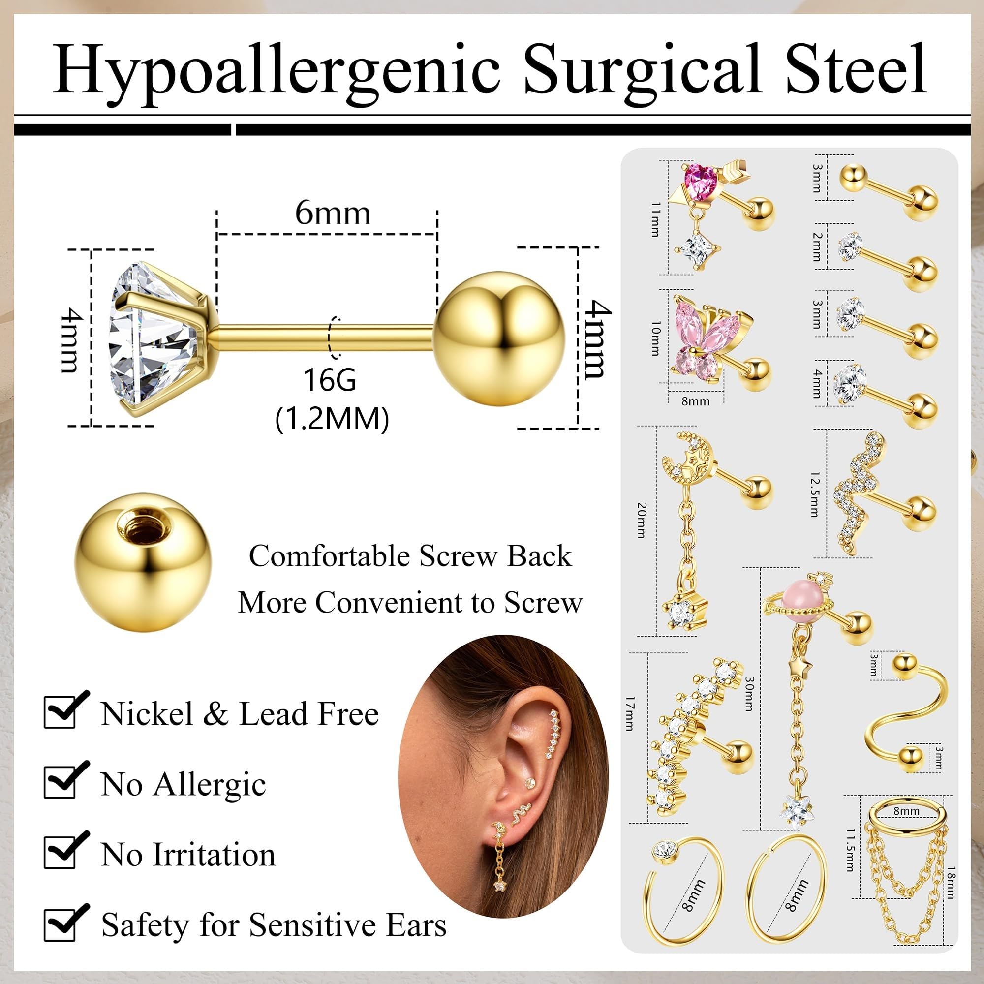 FASACCO 16G Helix Earrings Surgical Steel Cartilage Piercing Jewelry - Conch Earrings for Women & Men | Perfect for Everyday Wear, Parties & Gifts