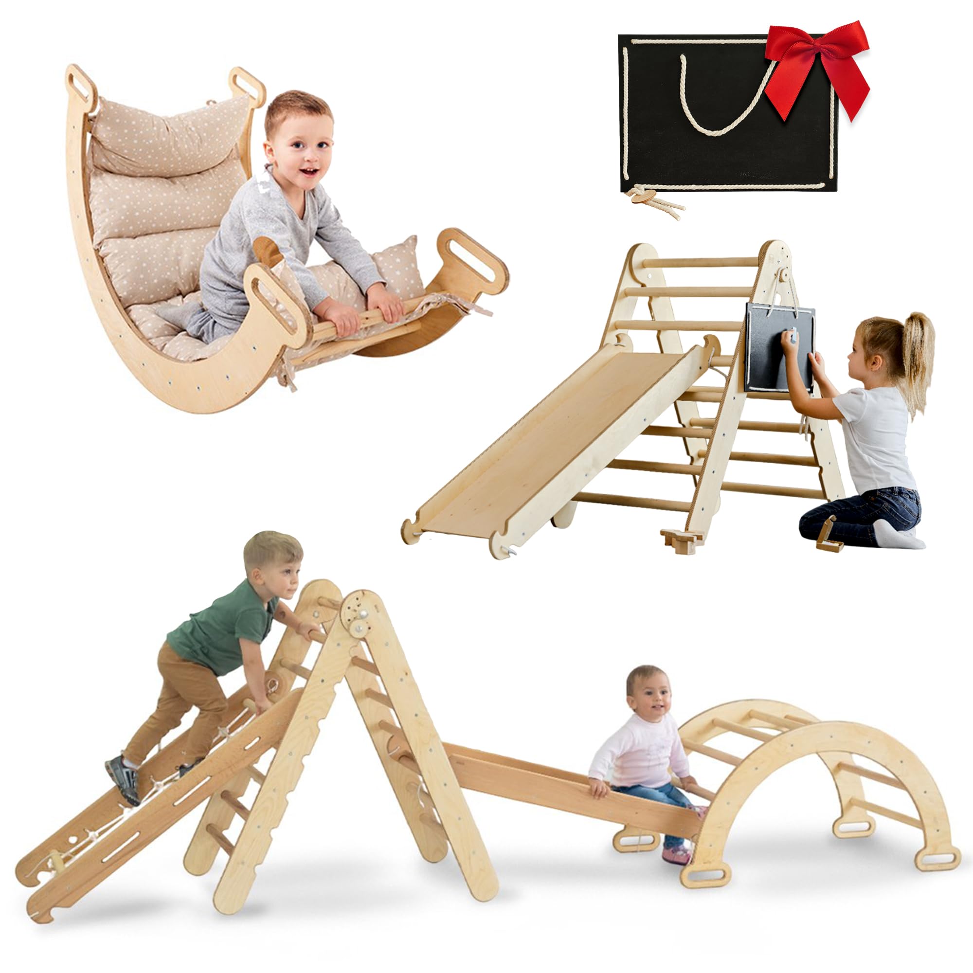 5 in 1 Montessori Indoor Climbing Frame for Kids - Wooden Play Gym with Pikler Triangle, Arch, Climbing Ramp, Net & Cushion - Baby Gym Set for Toddlers Age 1-5 (XL Size) - Perfect for Home Playroom, Daycare & Montessori Learning Activities