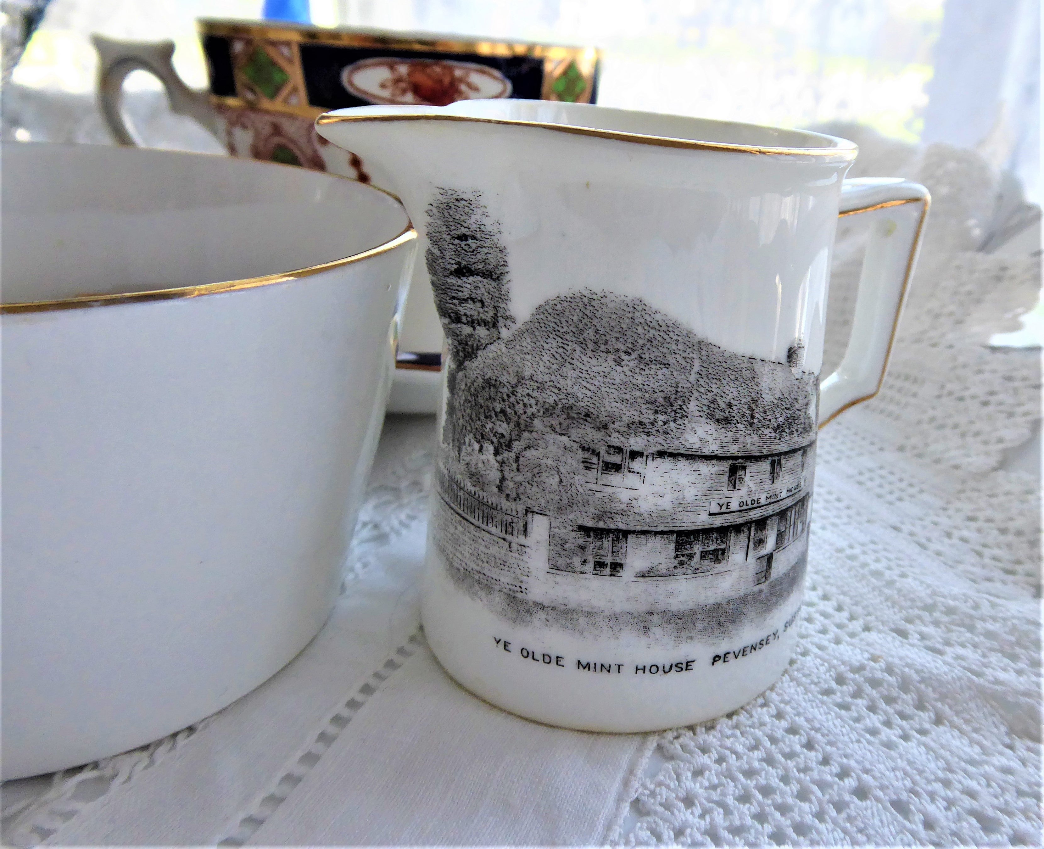 Vintage Shelley Cream and Sugar Set - Ye Olde Mint House Pevensey Milk Sussex 1910s Antique English Tea Service for Afternoon Tea and Collectors Display