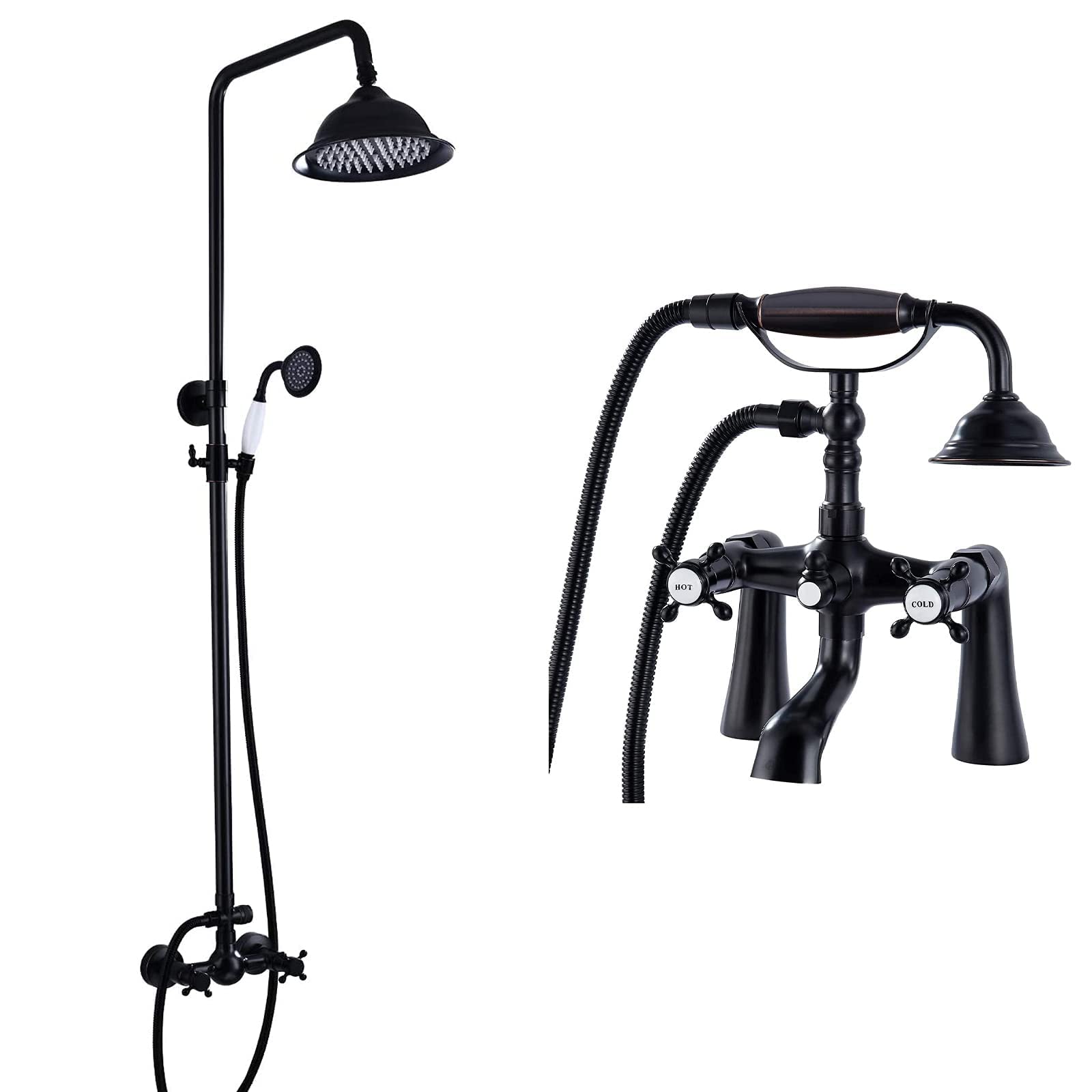 Oil Rubbed Bronze Shower Faucet Set - 8 Inch Rainfall Shower Head with 2 Cross Handles & Handheld Spray - Wall Mount or Deck Mount for Bathtub, Clawfoot Tub - Includes Telephone Shaped Sprayer - Perfect for Modern Bathroom Renovation and Spa-Like Shower Experience