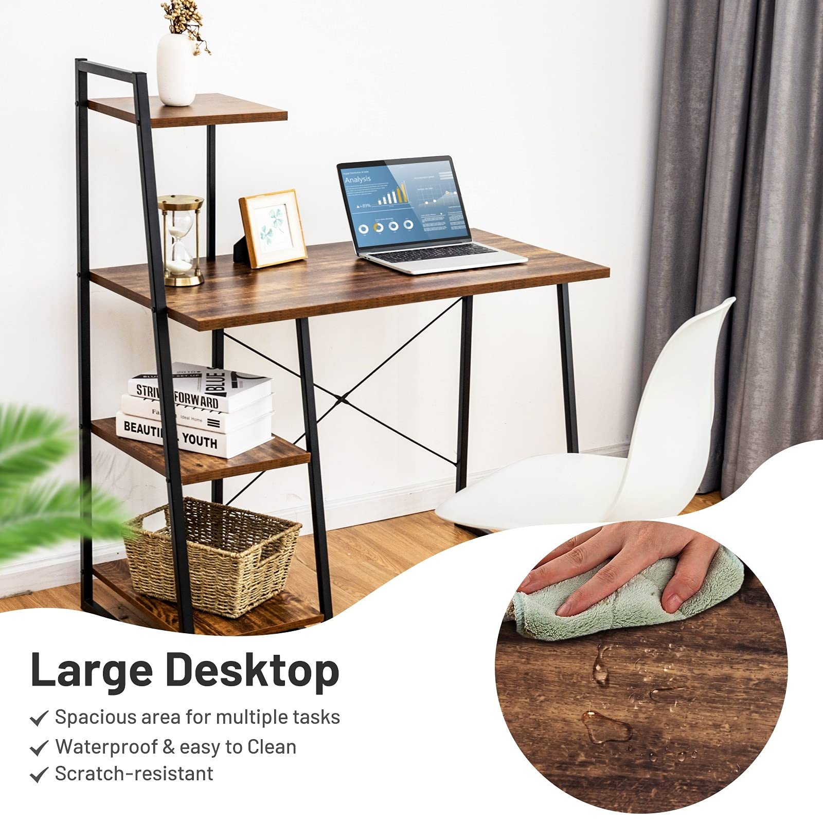 Powerstone Wooden Gaming & Study Desk with Storage Shelves - Home Office, Student & Teacher Writing Table - Perfect for College Dorm, Gaming Setup & Workspace Organization (Brown)