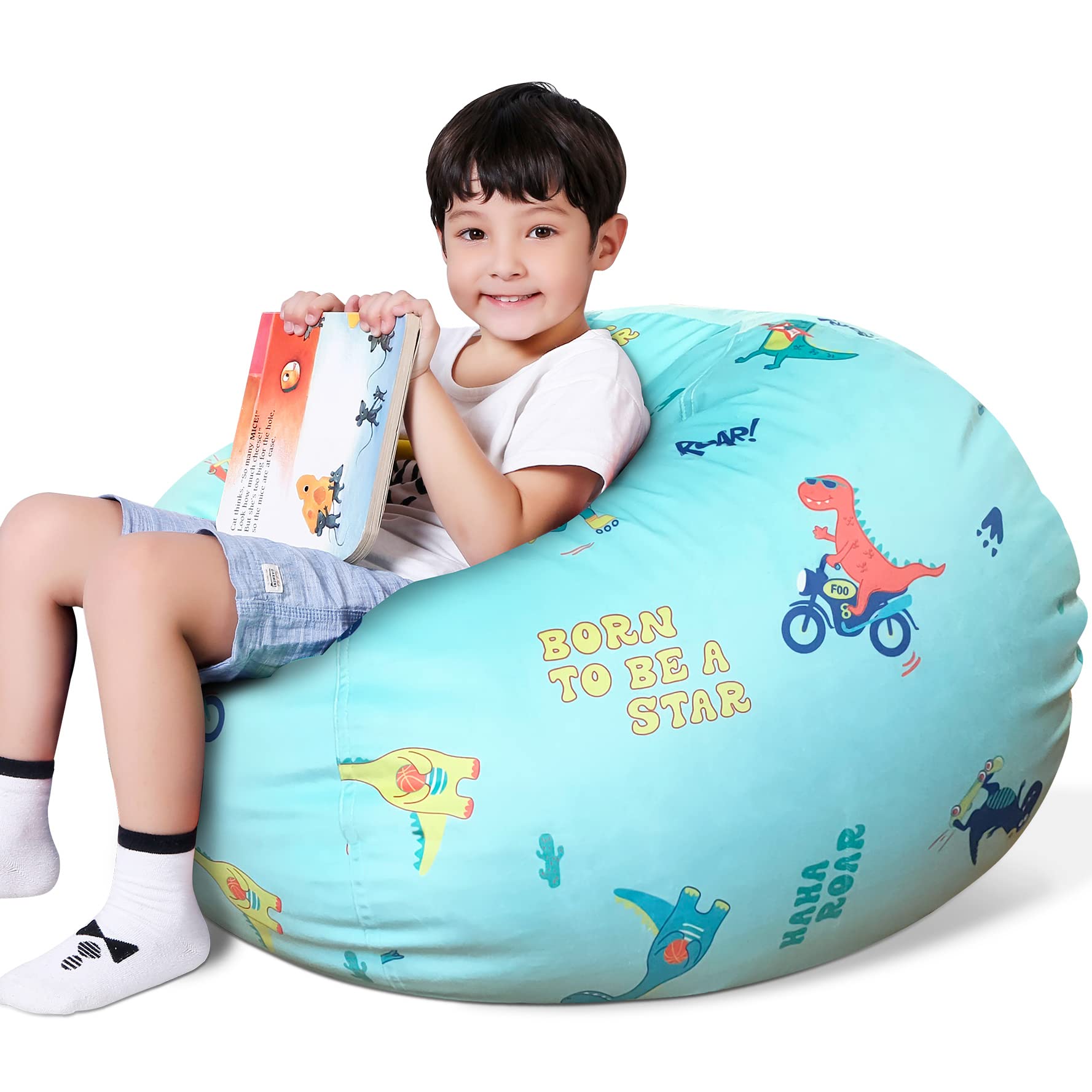 Lukeight Dinosaur Stuffed Animal Storage Bean Bag Chair Cover - Large Dino Blue for Kids & Toddlers | Organize Plush Toys in Bedroom, Playroom & Nursery | Soft, Durable & Washable Fabric