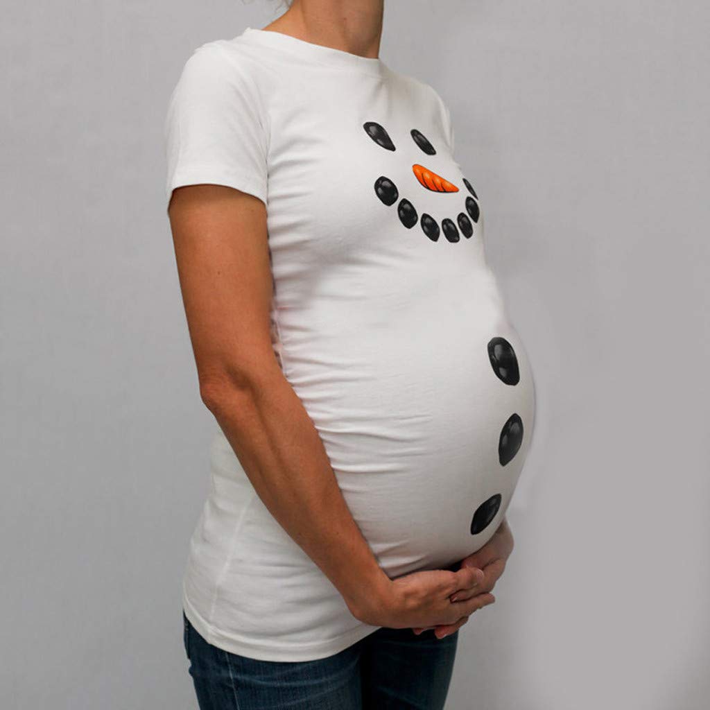 Women's Christmas Snowman Cartoon Maternity T-Shirt - Pregnancy Tee Top - Comfortable Maternity Clothes (White) - Perfect for Holiday Parties & Family Photos