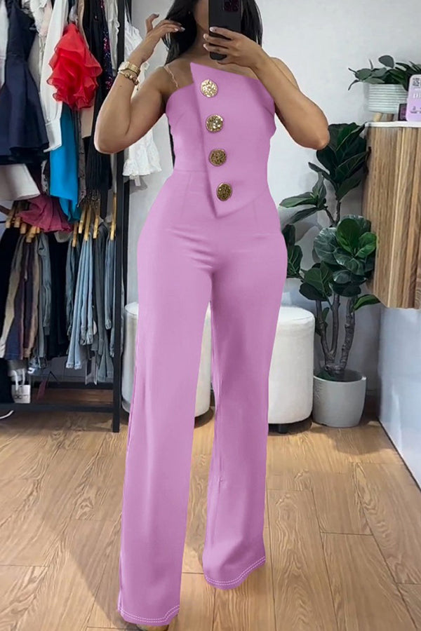 Solid Color Sexy Tube Top Gold Button Embellished Bootcut Jumpsuit for Women | Elegant One-Piece Romper with Metallic Accents | Perfect for Night Out, Party & Special Occasions