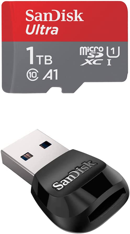 SanDisk 1TB Ultra microSDXC UHS-I Memory Card with Adapter - 150MB/s Read Speed, A2 App Performance for Smartphones, Drones, Action Cameras - Includes SanDisk MobileMate USB 3.0 Card Reader - Perfect for 4K Video Recording, Mobile Gaming & Expandable Storage