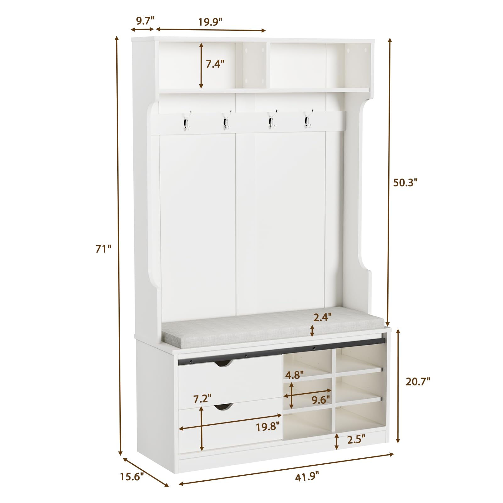 LOVMOR White Entryway Hall Tree with Shoe Storage, Coat Rack & Bench - Upholstered Shoe Storage Bench with Slide Cabinet Organizer Drawer & Adjustable Shelf | Perfect for Small Spaces, Entryway Organization & Home Decor