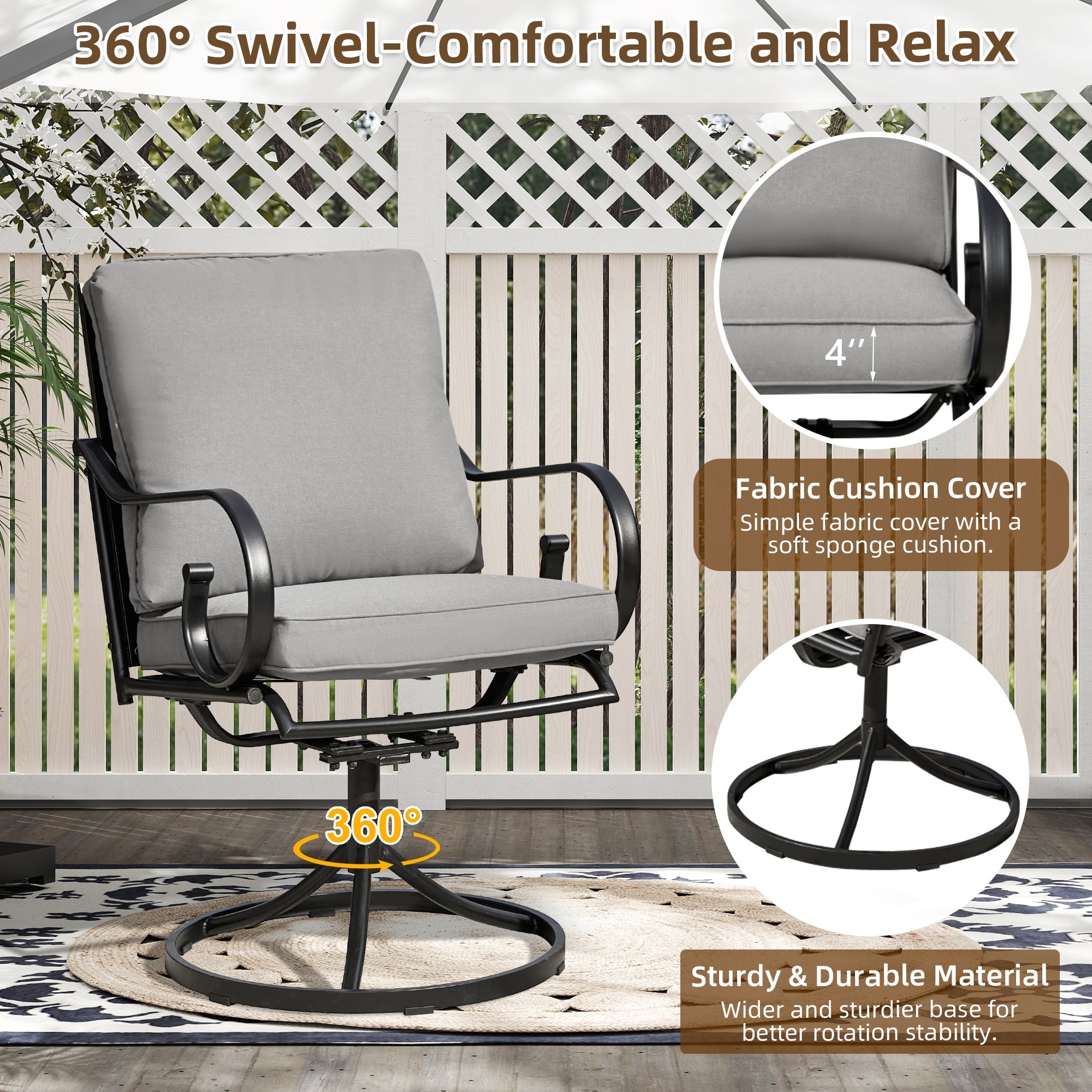 EROMMY 2-Piece Patio Swivel Chair Set with Cushions - Gray Outdoor Dining Chairs for Backyard, Garden, Poolside & Deck Relaxation
