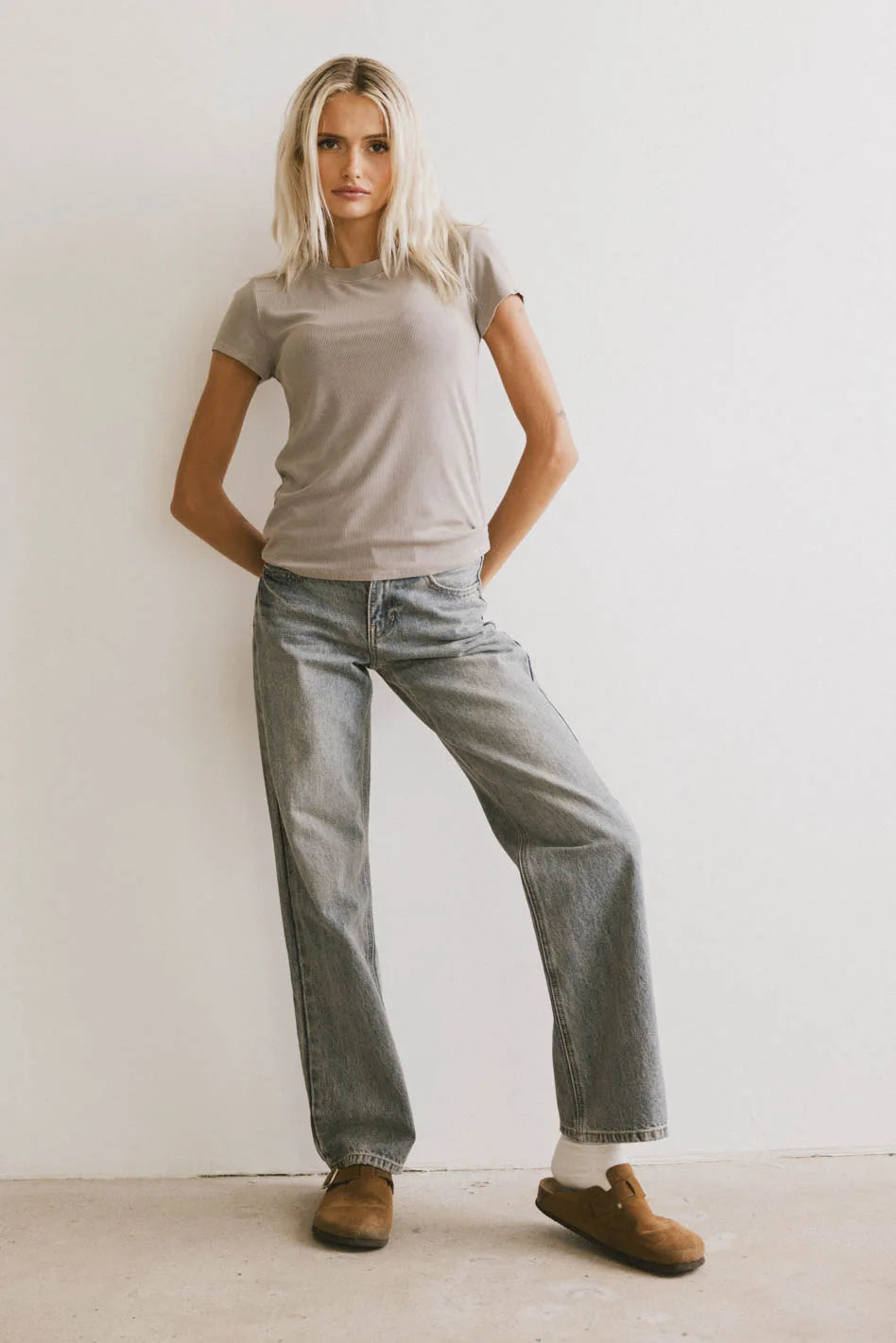 Opal Ribbed Tee in Taupe - Women's Casual Short Sleeve T-Shirt | Soft Stretch Fabric | Perfect for Everyday Wear, Layering & Weekend Outfits