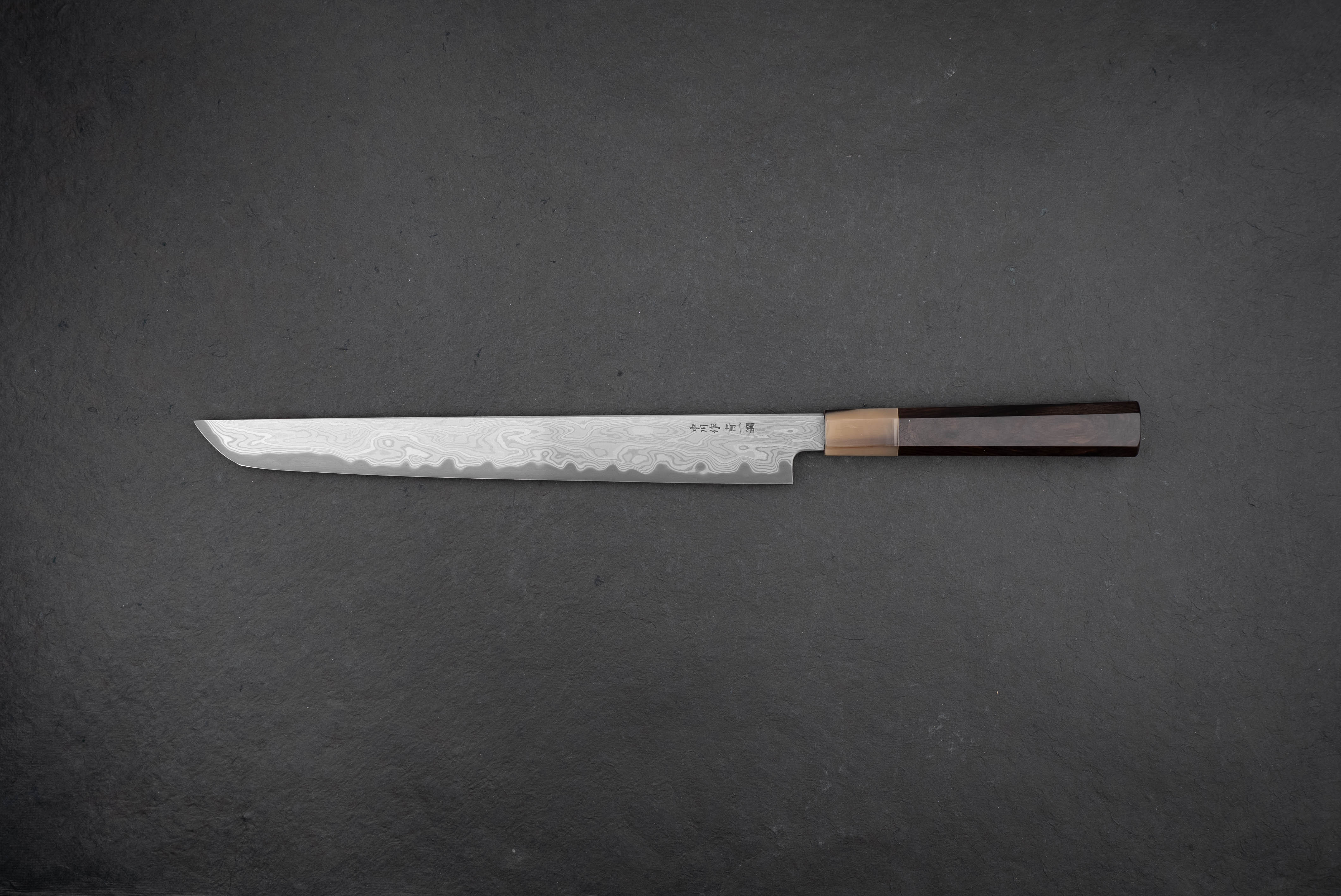Premium Satoshi Nakagawa x Naohito Myojin Aoichi Etched Damascus Sakimaru Sujihiki Knife 330mm - Handcrafted Japanese Chef Knife for Sushi, Sashimi & Meat Slicing - Perfect for Professional Chefs & Home Cooking Enthusiasts