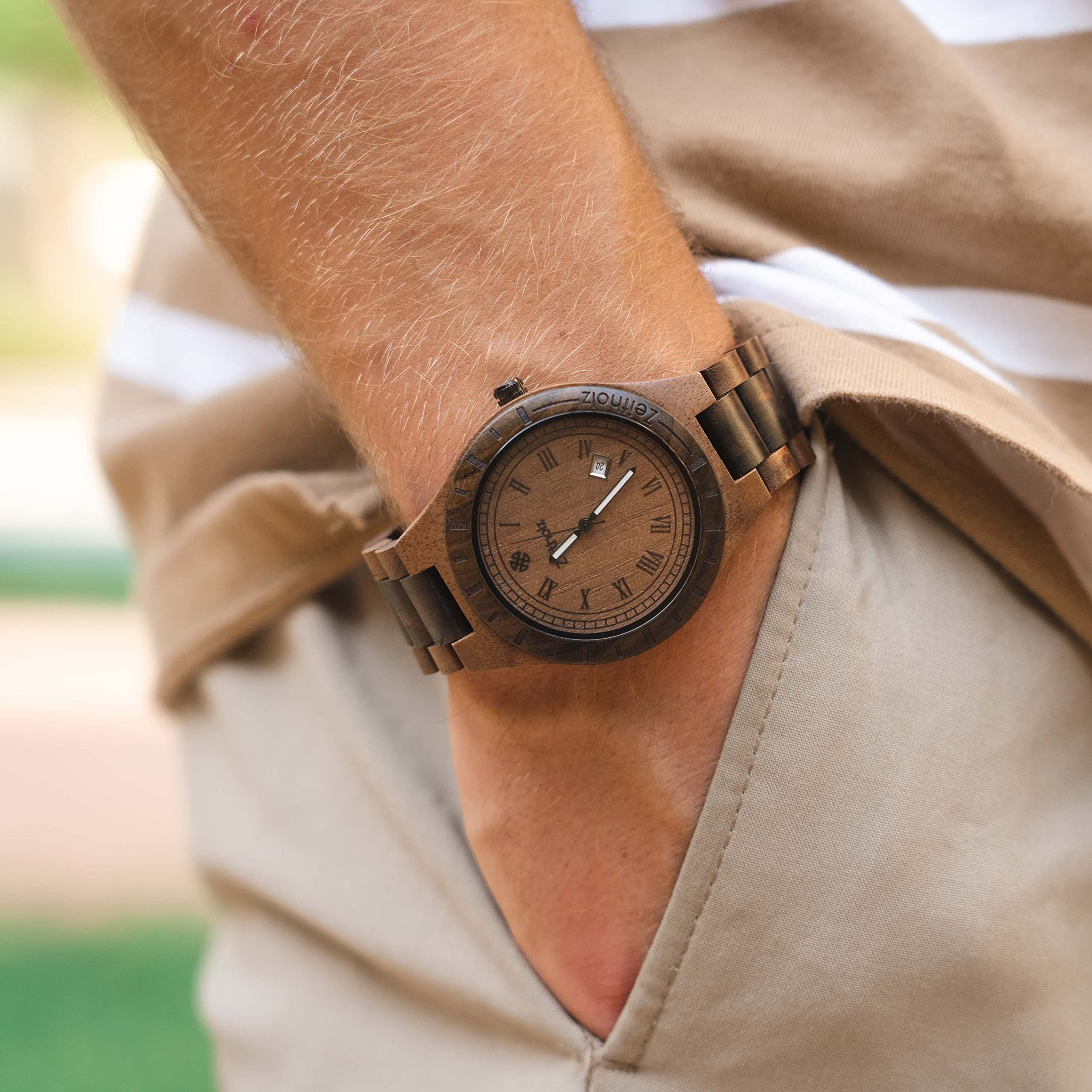 Zeitholz Men's Wooden Watch - 100% Natural Wood, Japanese Quartz Movement, Analog, 44mm Zittau Collection - Perfect Gift for Men, Ideal for Casual, Business & Outdoor Wear