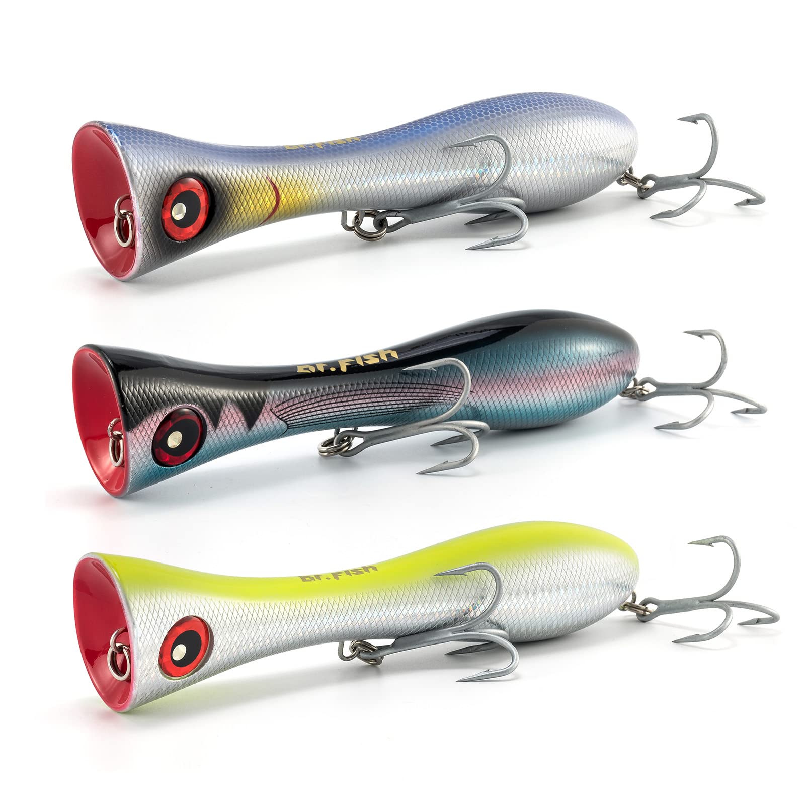 Dr.Fish 8-Inch GT Topwater Popper Saltwater Fishing Lure with VMC Treble Hooks – Surf & Offshore Lure for Striper, Tuna, Bluefish – Ideal for Saltwater Fishing, Casting & Popping Techniques