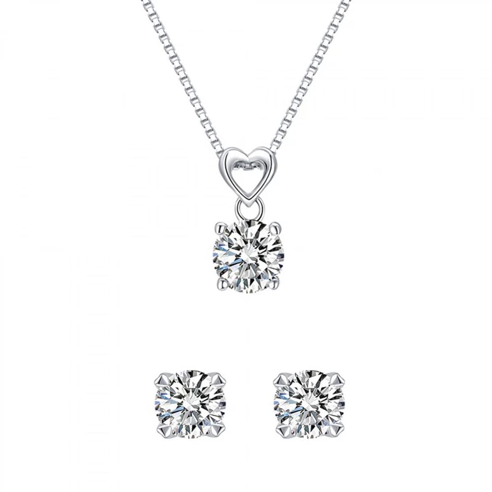 Platinum Plated Solitaire Diamond Pendant Necklace Set for Women - 14K White Gold Jewelry Gift for Her - Elegant Bridal, Anniversary & Birthday Present