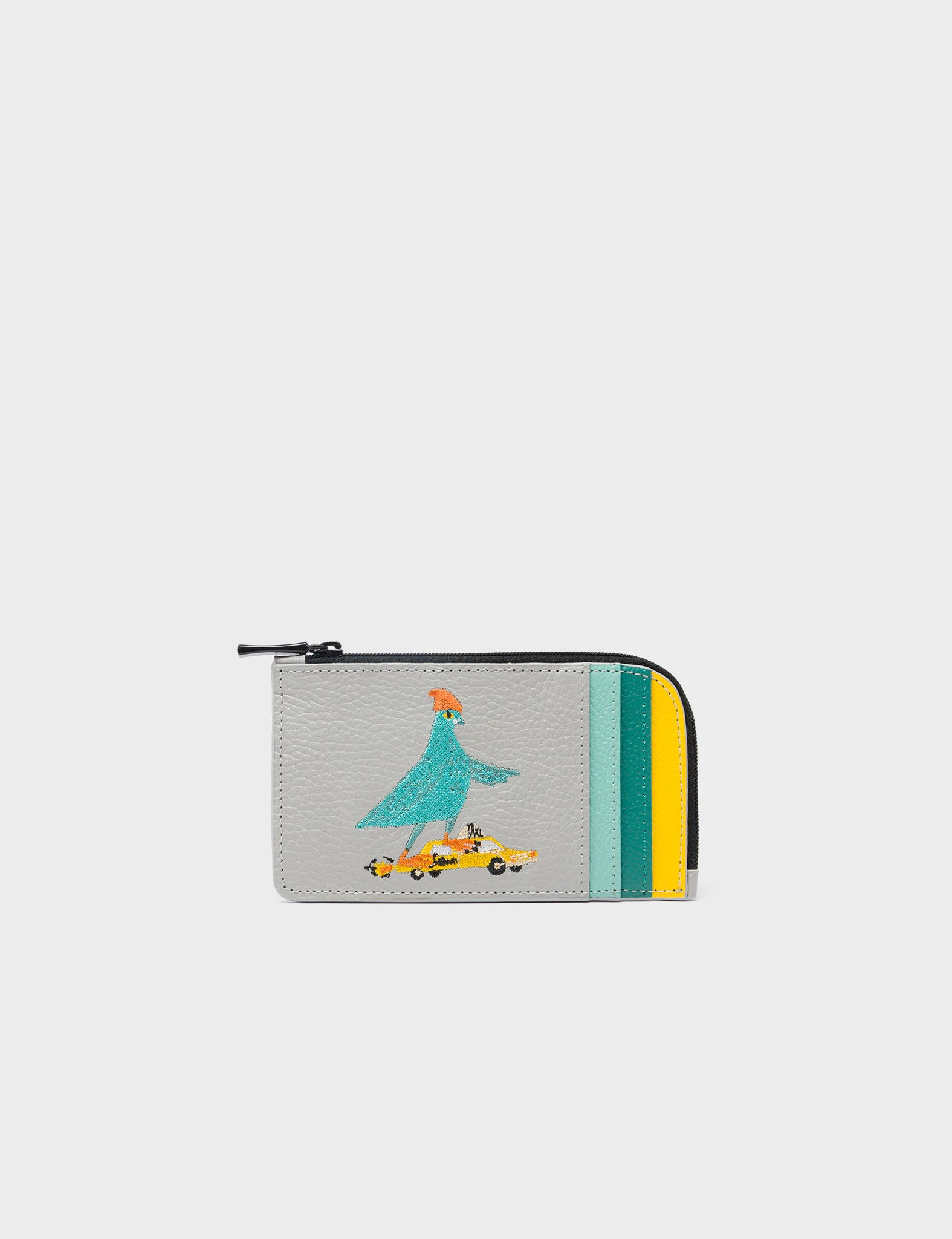 Fausto Moonwalk Gray Leather Zip Around Cardholder with Pigeonista Embroidery - Stylish RFID Blocking Wallet for Men & Women - Perfect for Travel, Business, and Everyday Use