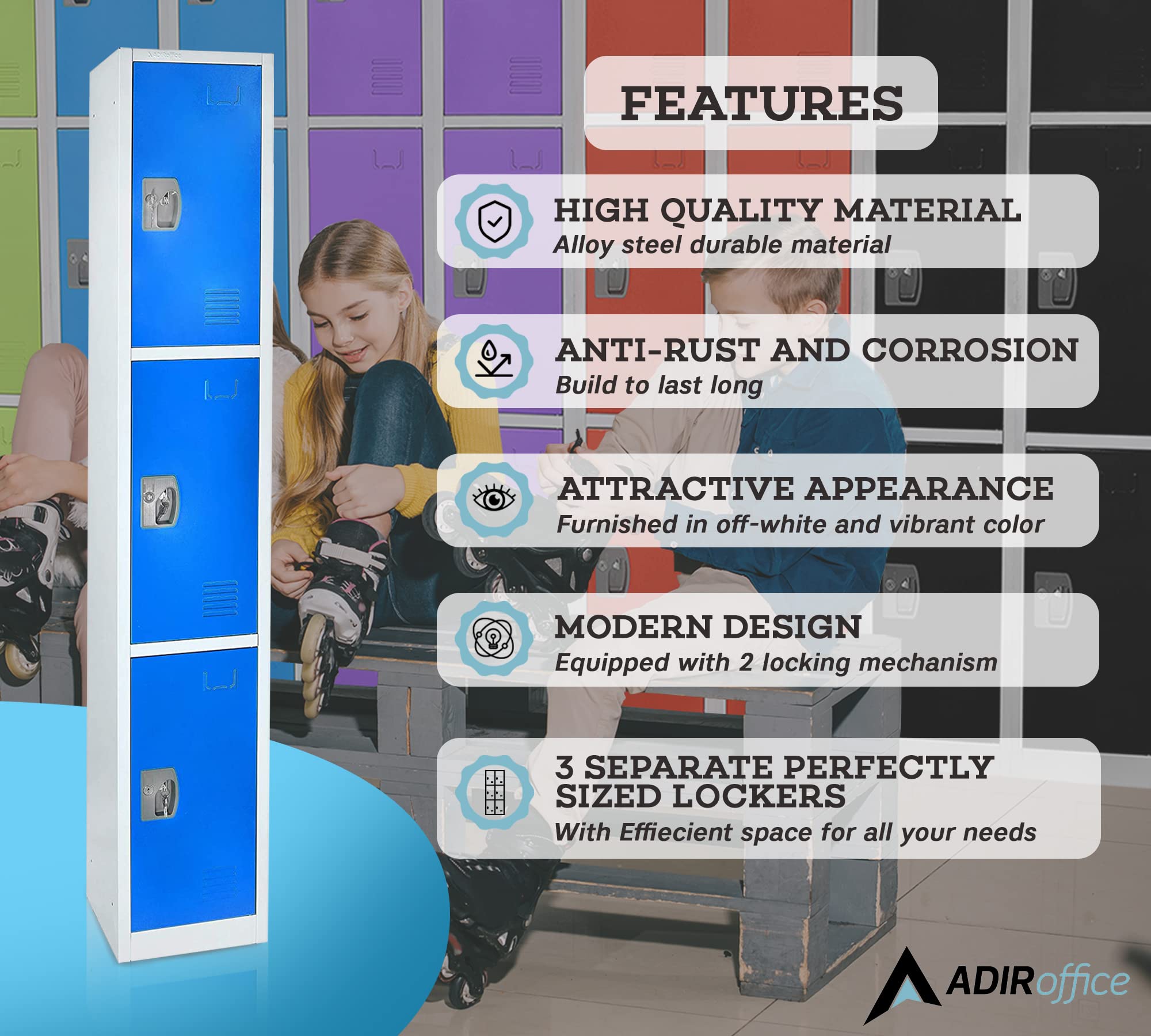 AdirOffice 3-Door Large School Locker with Hooks - Heavy Duty Metal Storage Cabinet for Garage, Office & Classroom Organization (Blue) - Perfect for Storing Sports Gear, Cleaning Supplies & Work Tools