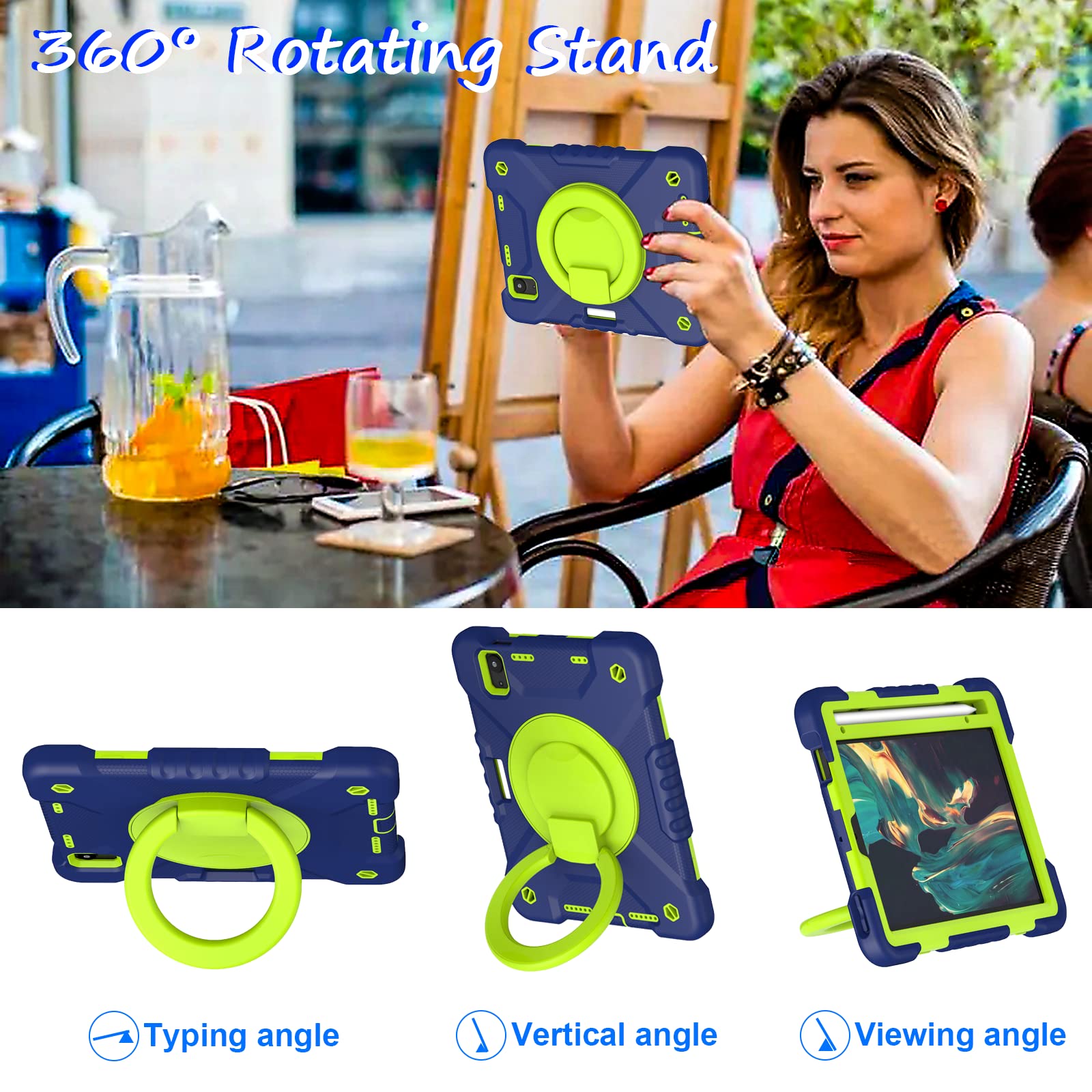 2024 iPad Mini 7 & 2021 iPad Mini 6 Case with Built-in Pencil Holder, 360° Rotating Handle Stand - Shockproof Protective Cover for 8.3 Inch iPad Mini 7th/6th Generation (Navy+Green) - Perfect for Work, Travel & Drawing