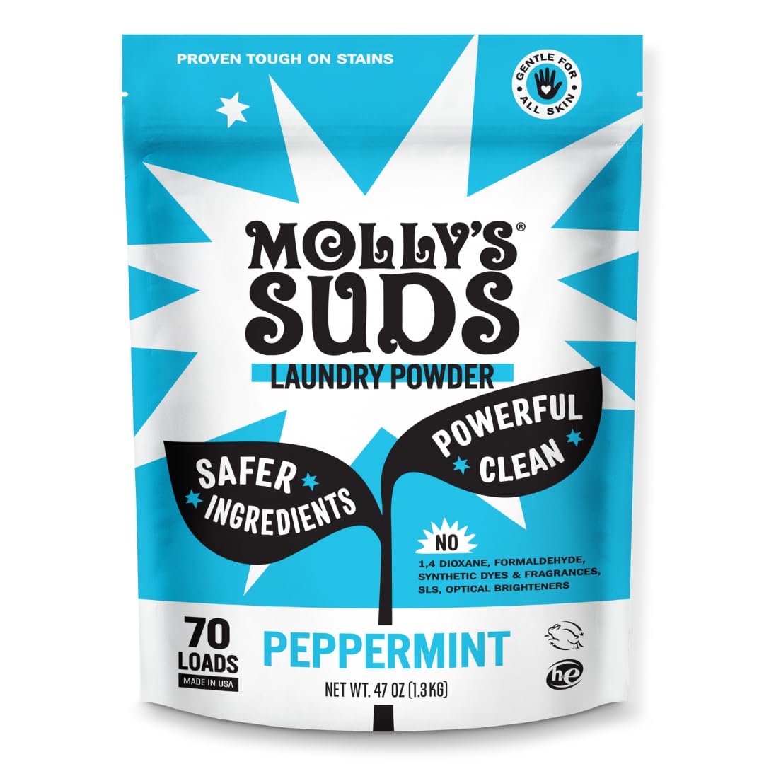 Molly's Suds Original Laundry Detergent Powder for Sensitive Skin - Hypoallergenic, Eco-Friendly Stain Remover with Natural Peppermint Scent (70 Loads) | Gentle on Baby Clothes & Perfect for Allergy-Prone Families