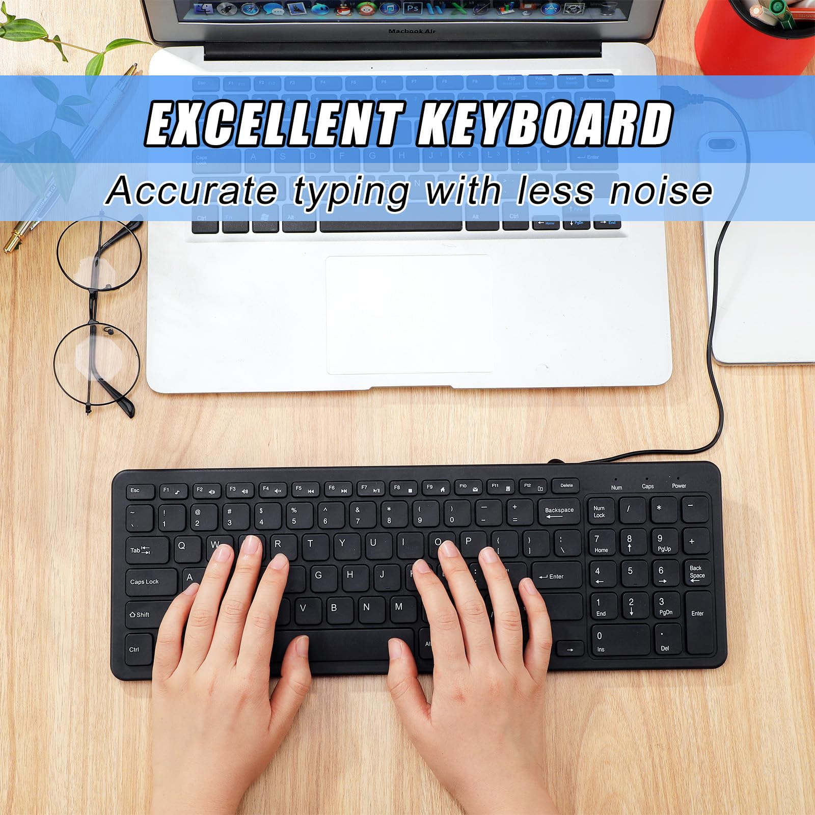 Kanayu 16-Pack Slim Wired USB Keyboards with Numeric Keypad - Low Profile Computer Keyboard Bulk Set for PC/Laptop/Windows (Black) - Ideal for Office, School, and Home Workspaces