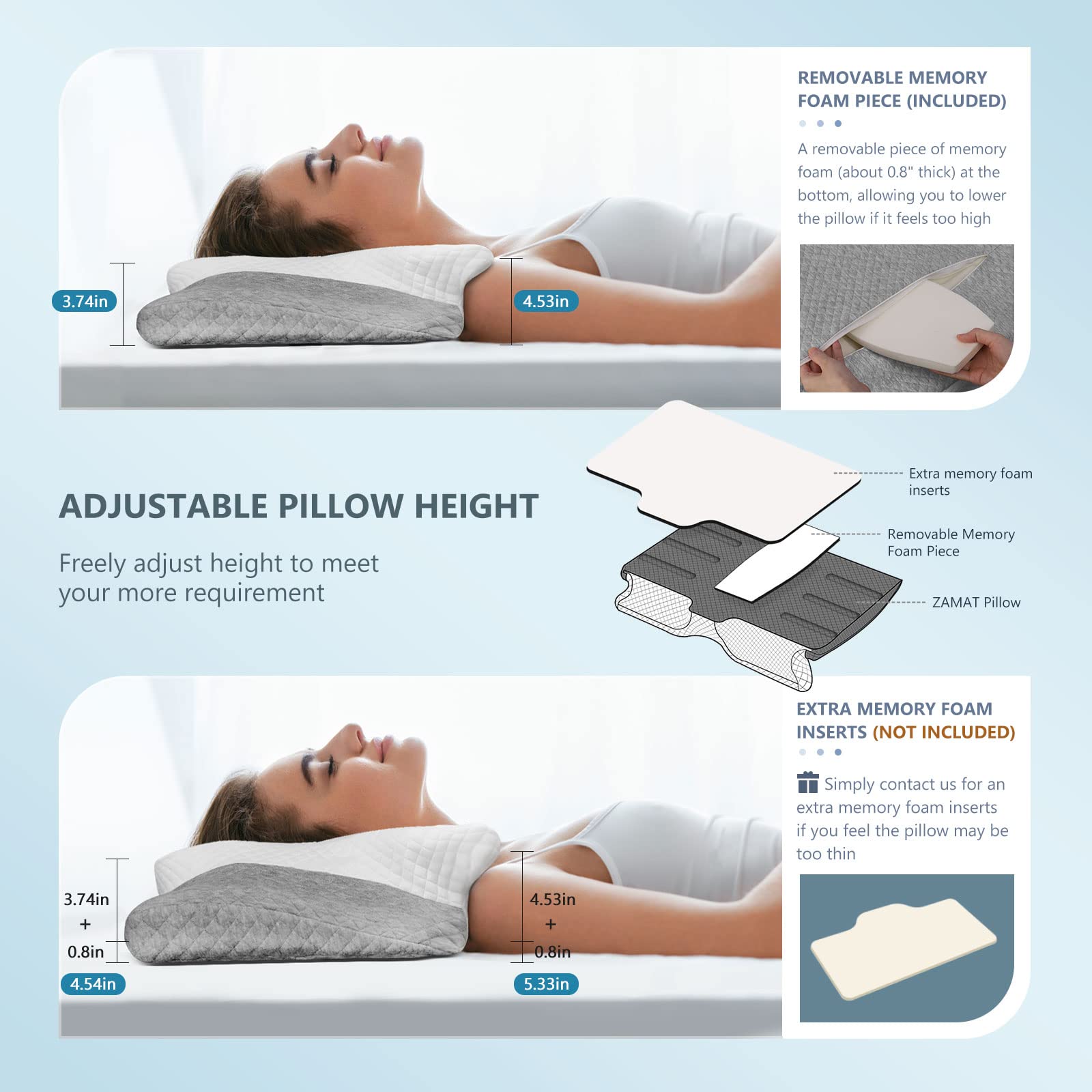 ZAMAT Adjustable Cervical Memory Foam Pillow for Neck Pain Relief - Orthopedic Bed Pillow for Side, Back & Stomach Sleepers - Ergonomic Support for Better Sleep & Posture - Perfect for Home, Travel & Office Use
