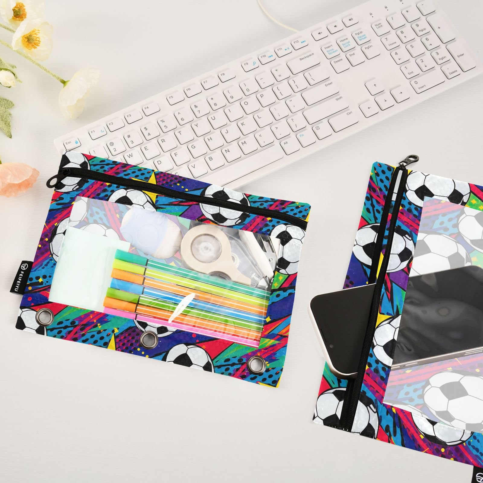 2 Pack Clear Zippered Soccer Football Pencil Pouch for 3-Ring Binder - Durable Office Supplies Organizer for School, Work & Sports Gear Storage | Perfect for Students, Teachers & Soccer Fans