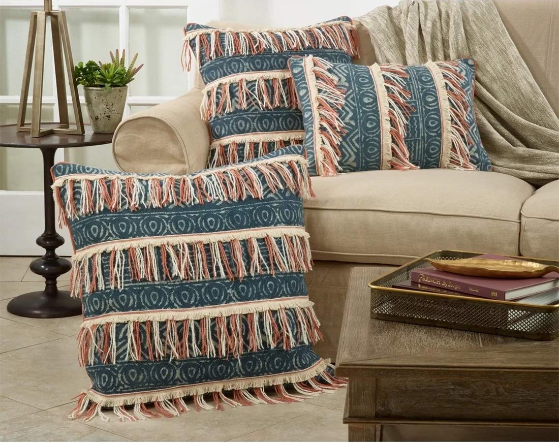 Bohemian Block Print Embroidered Fringe Throw Pillow Cover 28x28 Inch - Blue Cotton Decorative Pillow Case for Couch, Bed, Sofa | Home Decor, Living Room, Bedroom Accent | Perfect for Boho Chic & Special Occasion Gifts