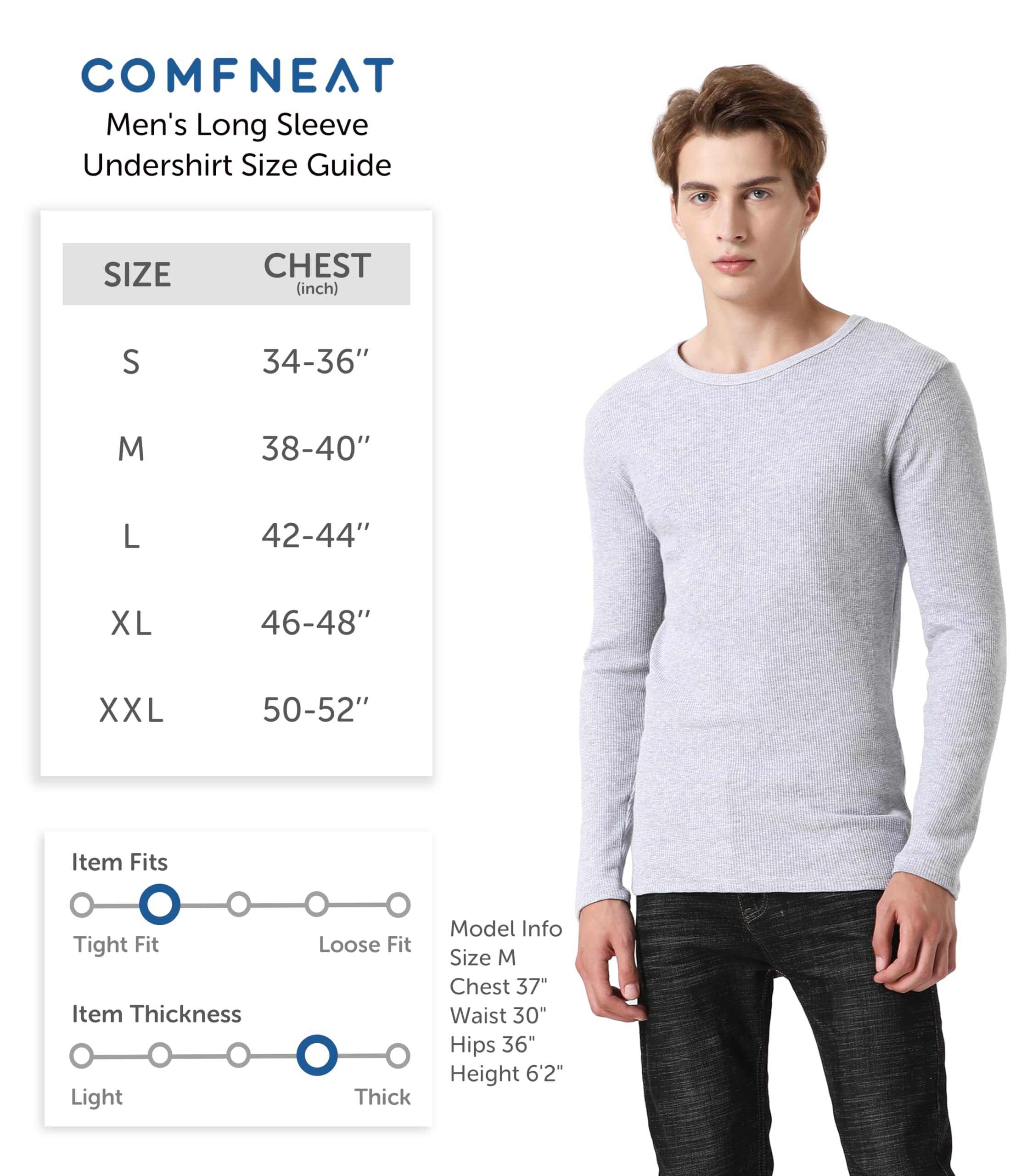 Comfneat Men's 2-Pack Thermal Long Sleeve Undershirt - Waffle Knit Soft Crew Neck Base Layer for Winter, Cold Weather & Layering - Warm Comfortable Underwear Top for Work, Outdoor Activities & Daily Wear