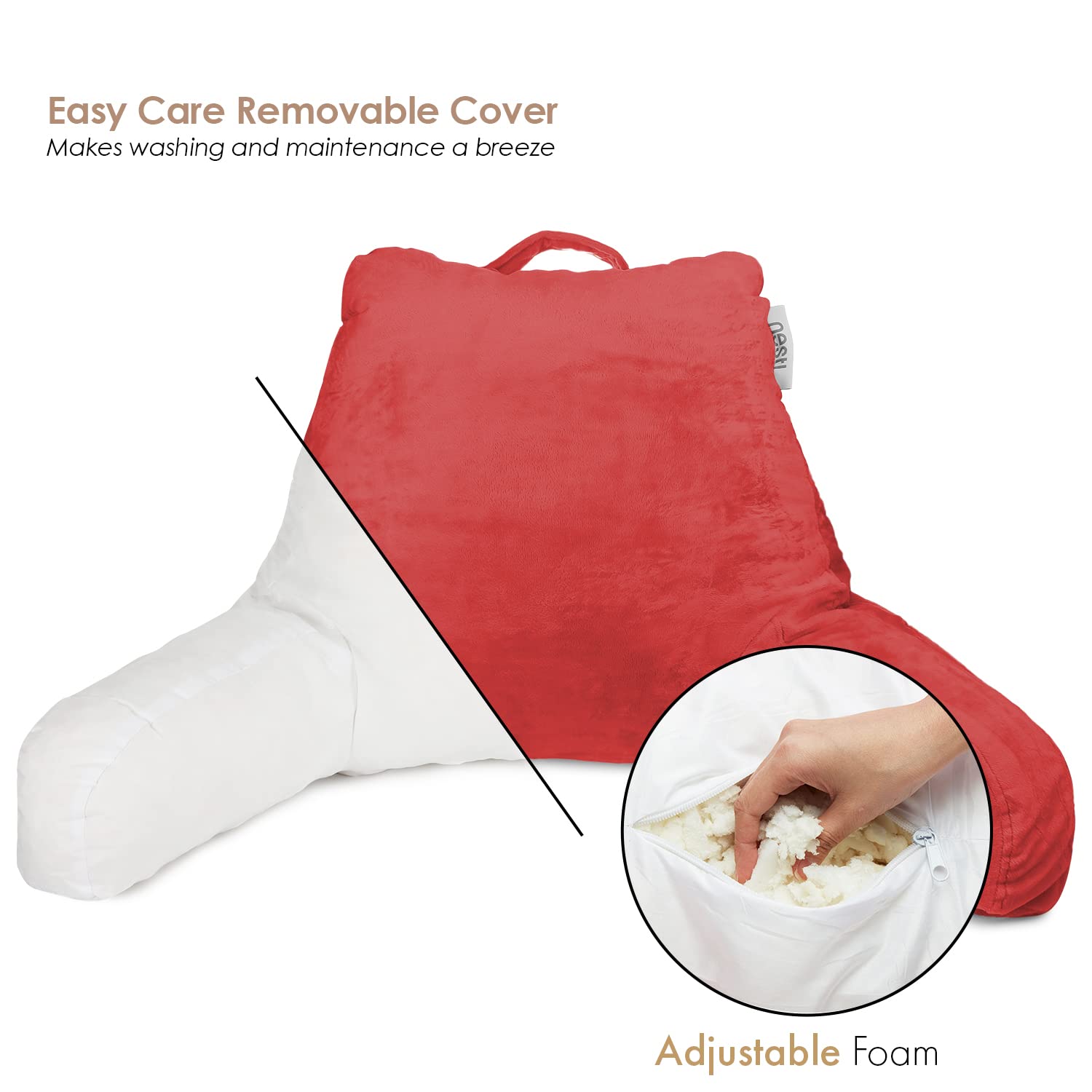 Nestl Reading Pillow - Shredded Memory Foam Back Support Pillow for Sitting in Bed, Reading, or Relaxing - Cherry Red Bed Chair Pillow with Pockets - Perfect for Reading, Watching TV, or Lounging in Bed
