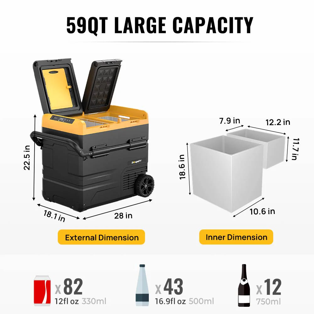 BougeRV CRD55 59QT 12V Dual Zone Car Refrigerator - Portable Freezer for Camping, Road Trips & RV Travel - Compact Fridge for Food, Drinks & Ice Storage