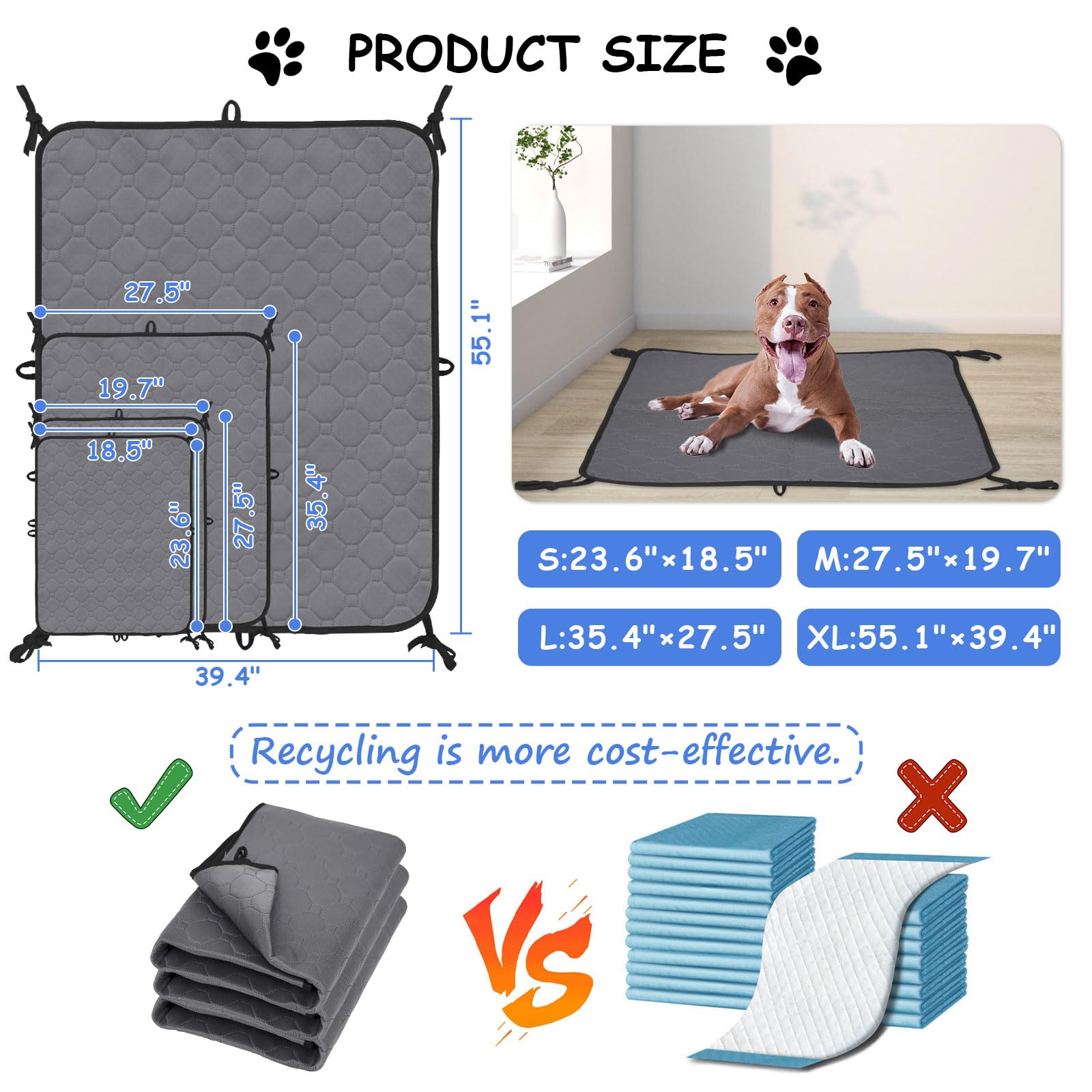 2 Pack Reusable & Washable Dog Pee Pads - Waterproof Puppy Potty Training Pads with Straps, Laminated Whelping Pad for Dogs (Grey, Size M 27.5