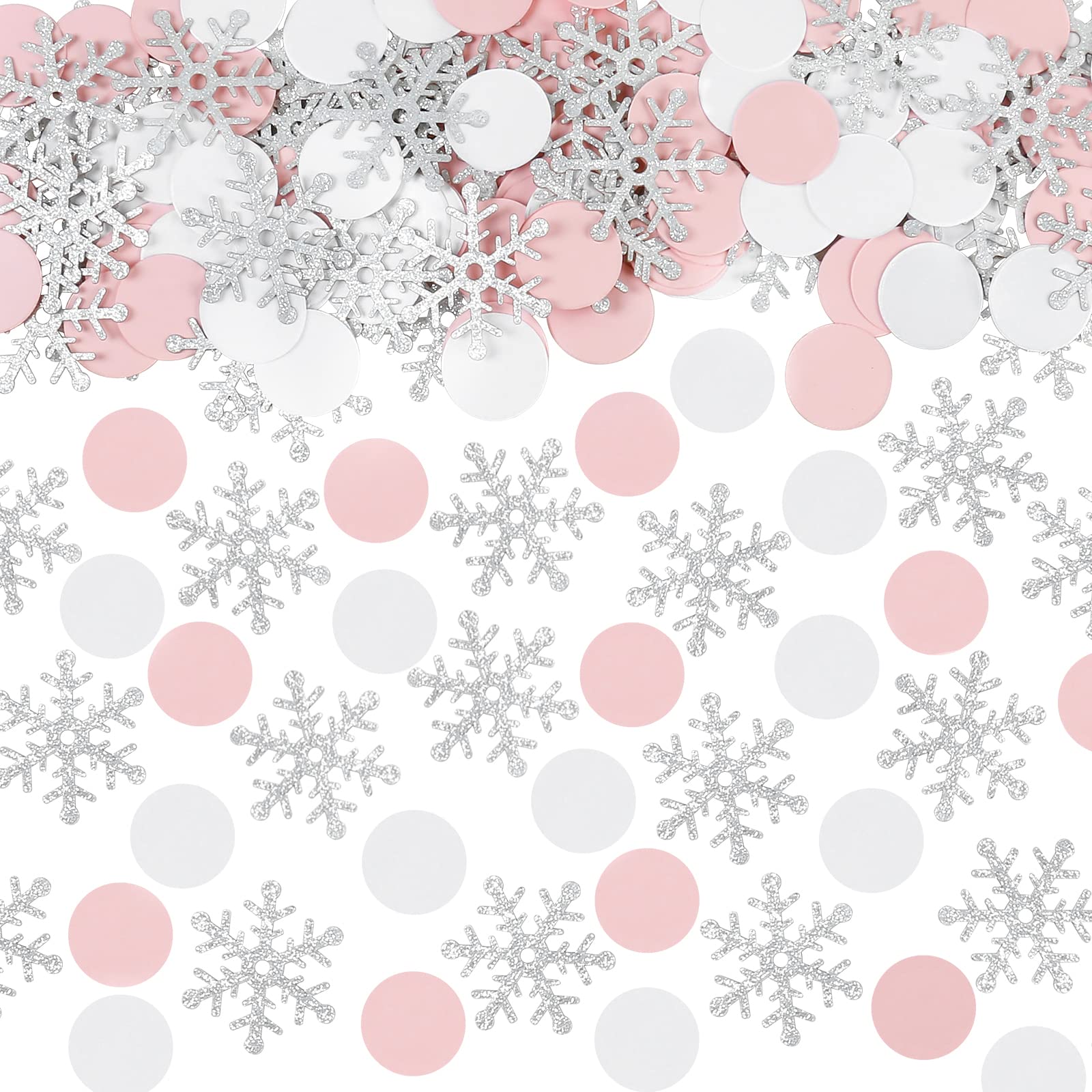 200Pcs Silver & White Pink Snowflake Confetti for Winter Wonderland Decor - Christmas, Birthday, Holiday Party Table Decorations - Perfect for DIY Crafts, Wedding, Baby Shower & Seasonal Celebrations