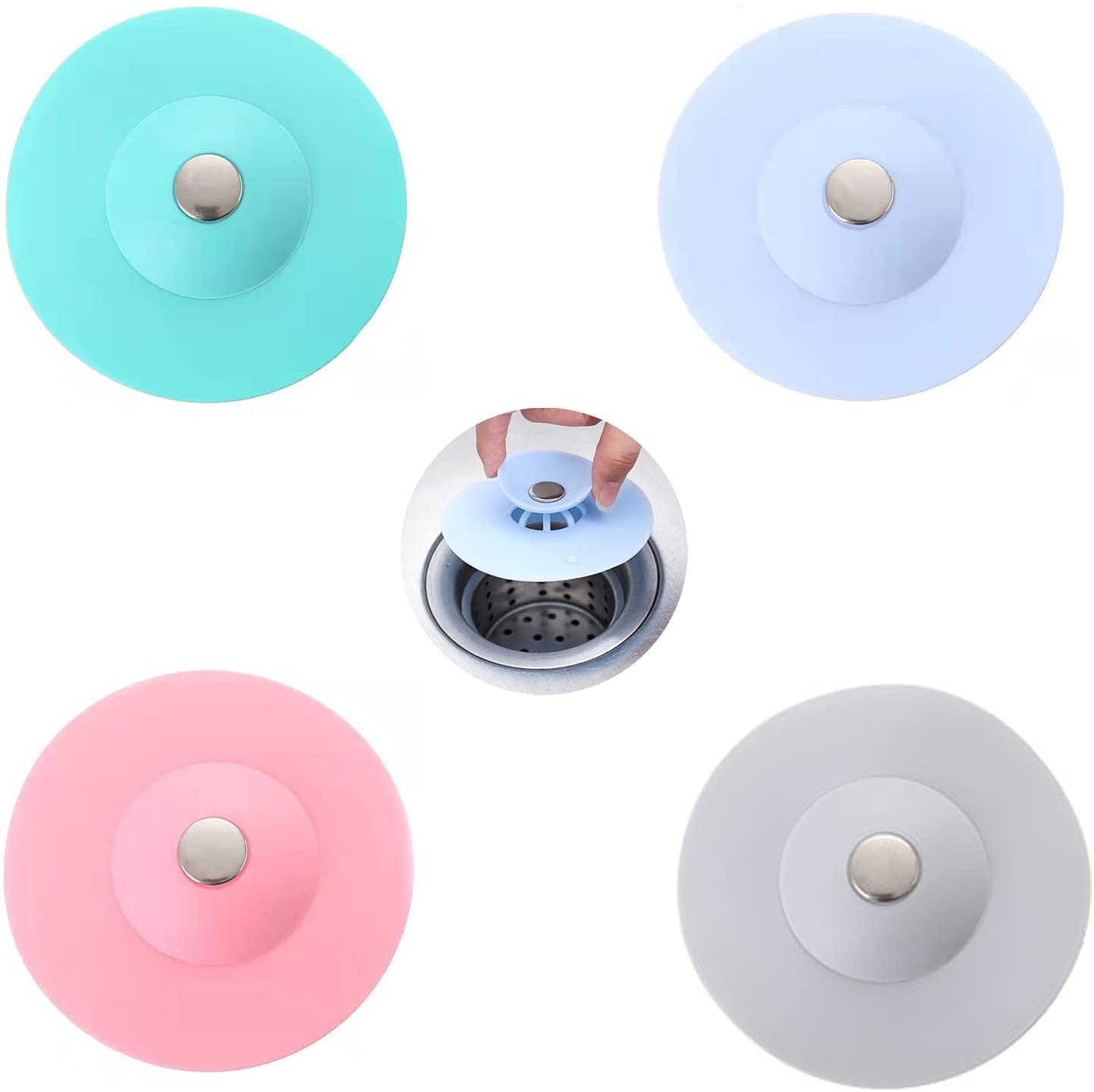 **HENIJ Silicone Sink Stopper & Drain Cover - Hair Catcher for Bathroom, Kitchen, Laundry, and Floor - Durable, Non-Slip, Easy to Clean (4-Pack, Random Colors) - Perfect for Preventing Clogs & Keeping Drains Clean**