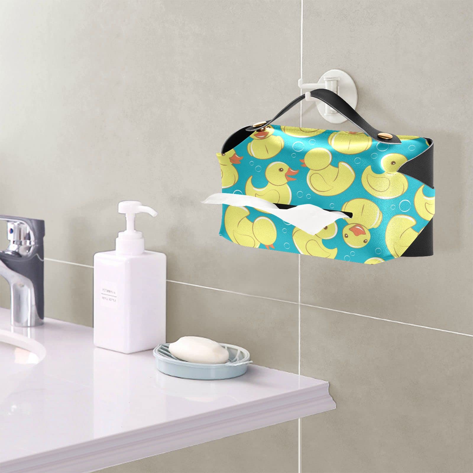 Yellow Rubber Duck Tissue Box Cover - PU Leather Square Napkin Holder with Handle for Office, Car, Bathroom & Home Decor - Cute Duck Design for Kids Room, Baby Shower Gift & Party Decorations