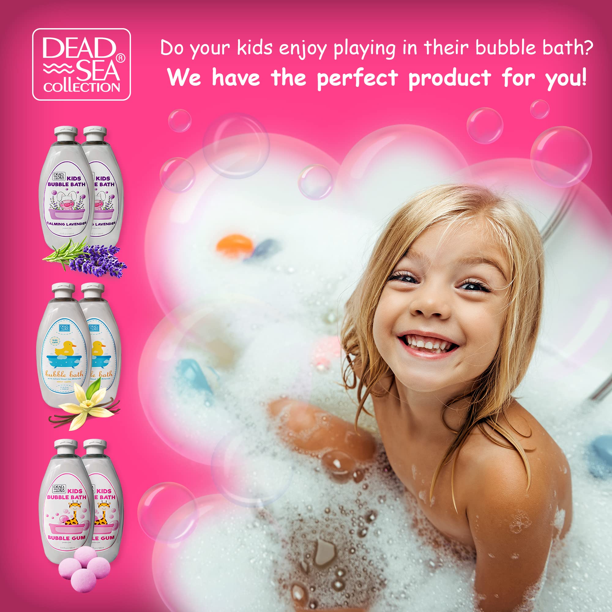 Dead Sea Mineral Bubble Bath for Kids - Bubble Gum Scented Cleansing & Moisturizing Bath Solution - 2 Pack (67.6 fl.oz) - Perfect for Relaxing Bath Time & Skin Care Routine
