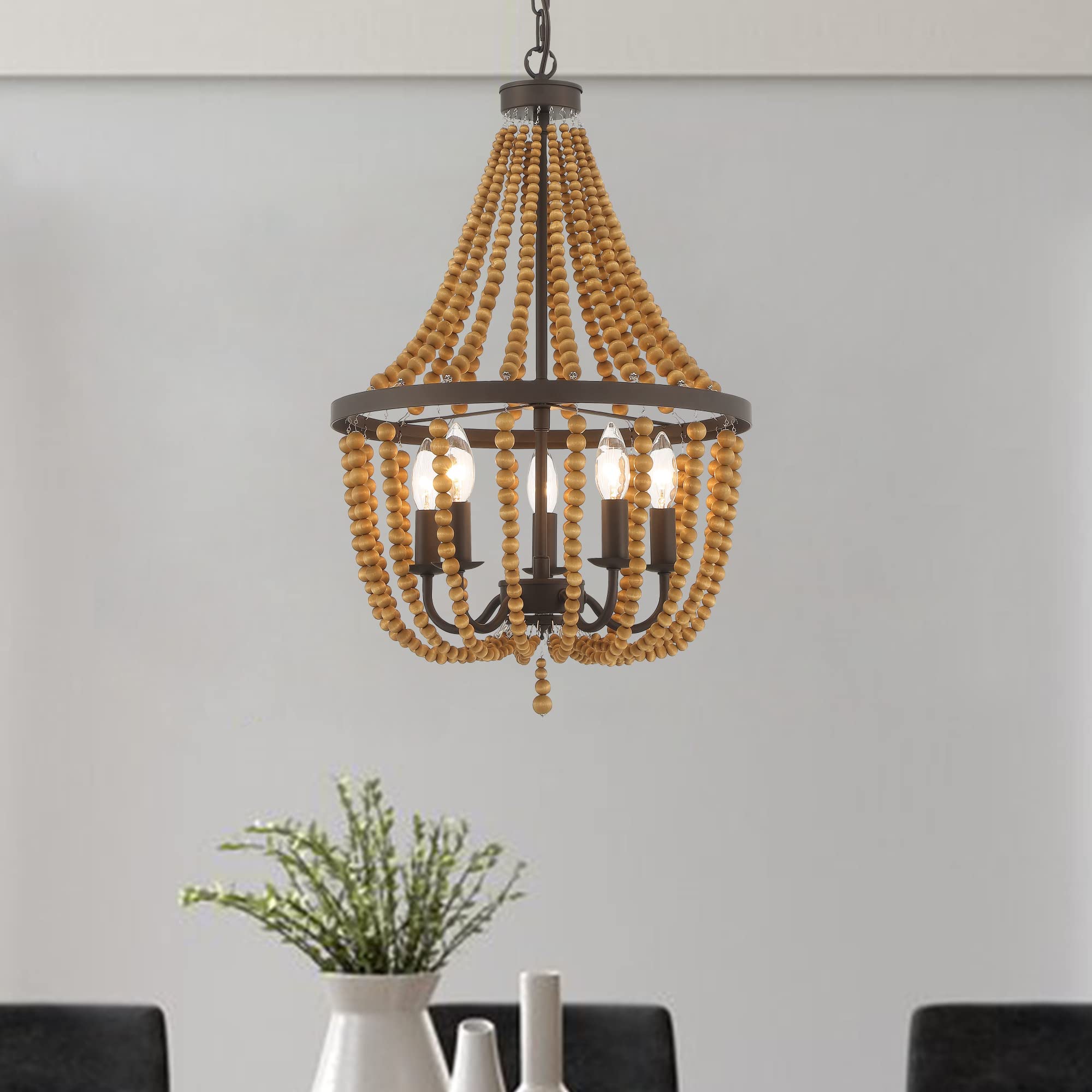 Vanity Art 5-Light Candle Style Empire Chandelier with Beaded Accents - Modern Hanging Ceiling Light Fixture for Dining Room, Kitchen & Living Room in Oil Rubbed Bronze | Elegant Lighting for Home Decor & Special Occasions (SYB3215RB-DK)