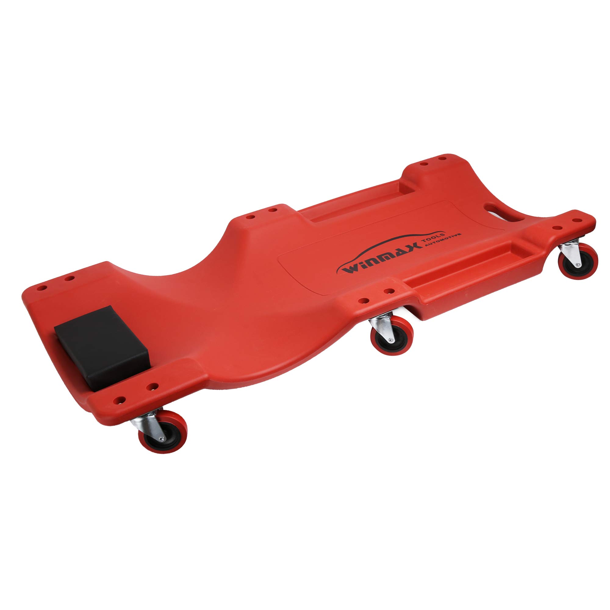 WINTOOLS 40 Inch Low Profile Red Plastic Rolling Creeper Cart for Garage Car Repair - Mechanic Stool with Smooth Wheels for Under Vehicle Maintenance and DIY Auto Work