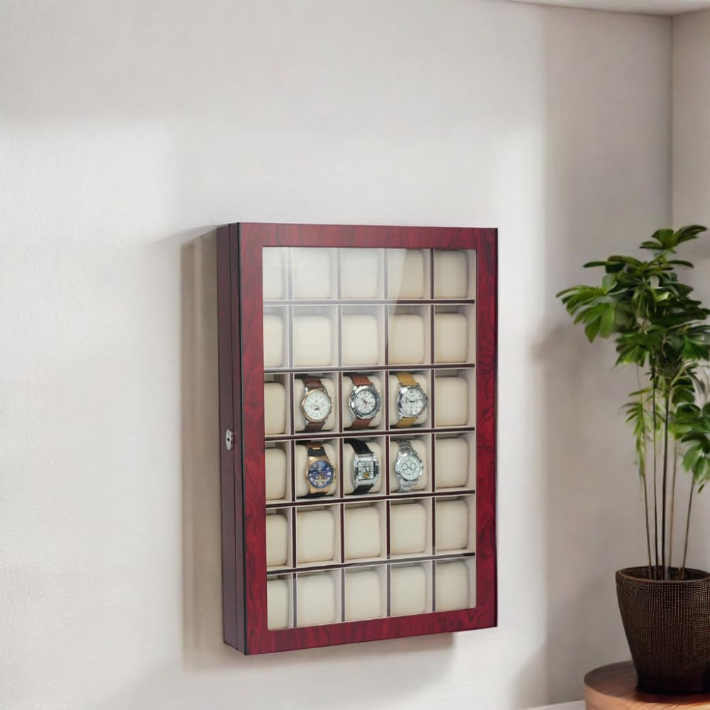 30-Piece Cherry Wood Watch Display Case - Wall Hanging & Tabletop Storage Organizer Box with Stand | Perfect for Watch Collectors, Jewelry Organization & Father's Day Gifts