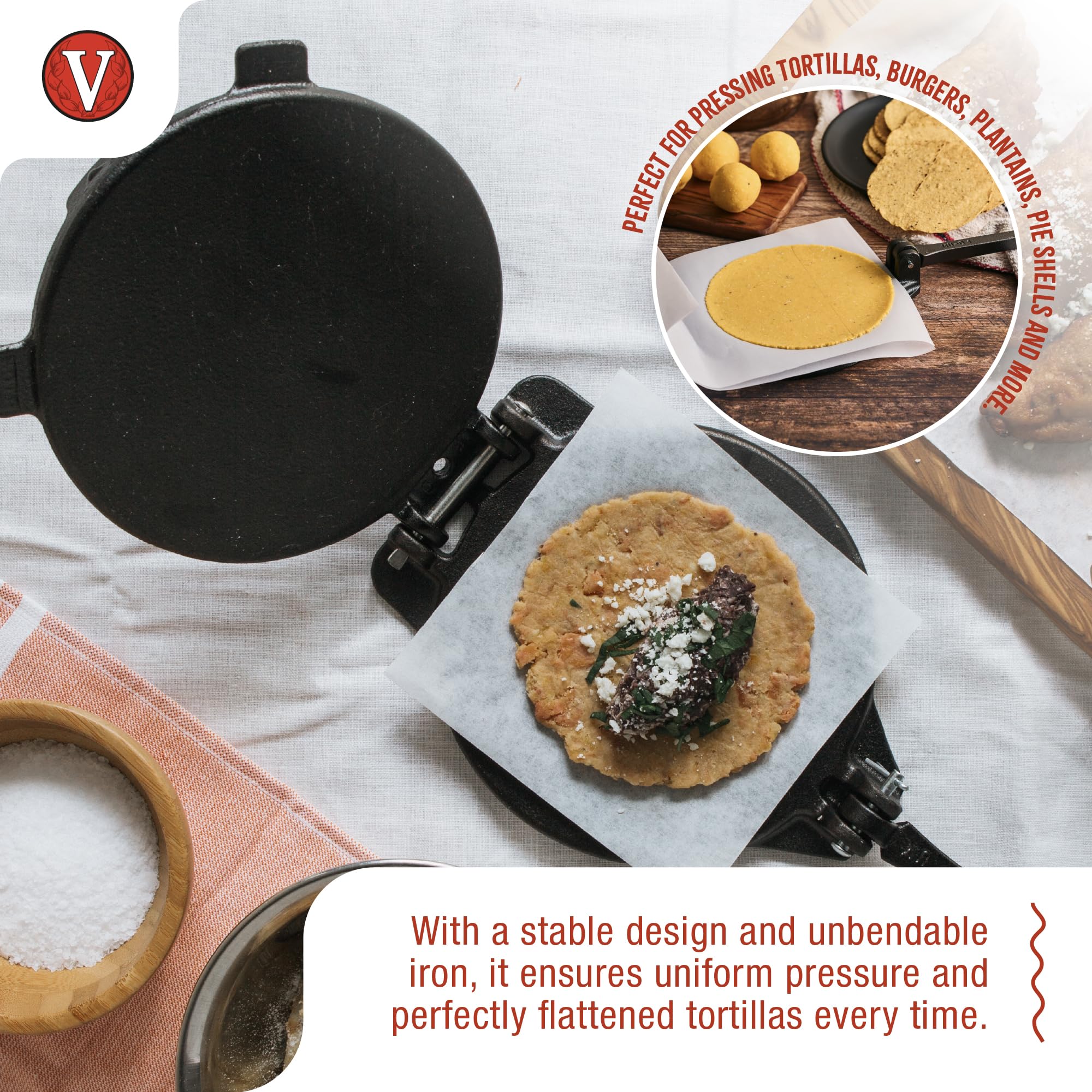 Victoria 8-Inch Cast Iron Tortilla Press - Authentic Colombian Roti Maker & Tortilladora - Flaxseed Oil Seasoned for Perfect Flatbreads - Ideal for Making Tortillas, Roti, Arepas & Patacones at Home