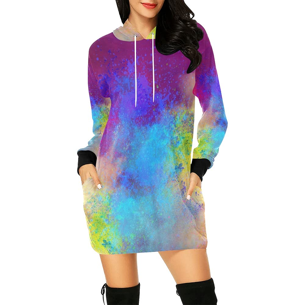 Stylish Watercolor Print Women's Hoodie Dress - Casual Long Sleeve Pullover Hooded Sweatshirt with Pockets | Perfect for Loungewear, Street Fashion & Cozy Outfits