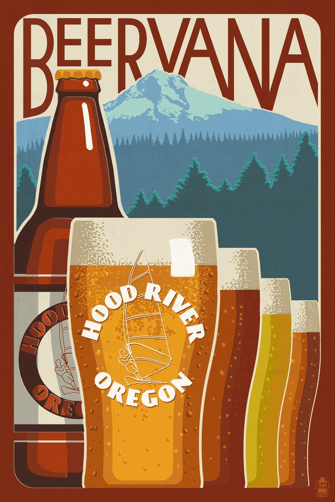 Beervana Vintage Sign Hood River Oregon 42734 - 24x36 Signed Art Print Wall Decor Poster for Pub, Bar & Man Cave Decor