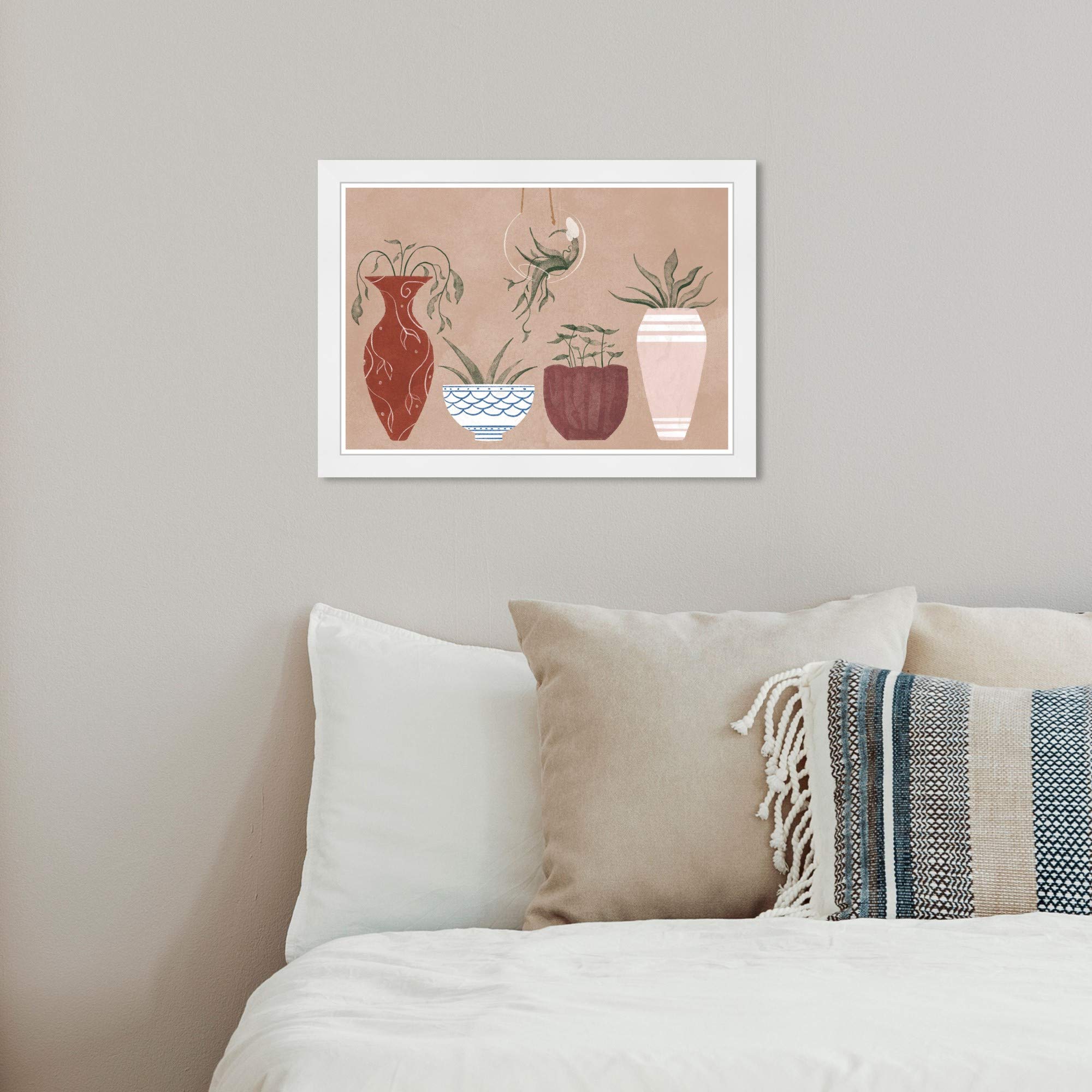 Wynwood Studio Floral Framed Wall Art Prints 'Her Favorite Pots' - Botanical Home Decor Painting, 19x13 Inches, Pink & Brown - Perfect for Living Room, Bedroom or Office Wall Decoration