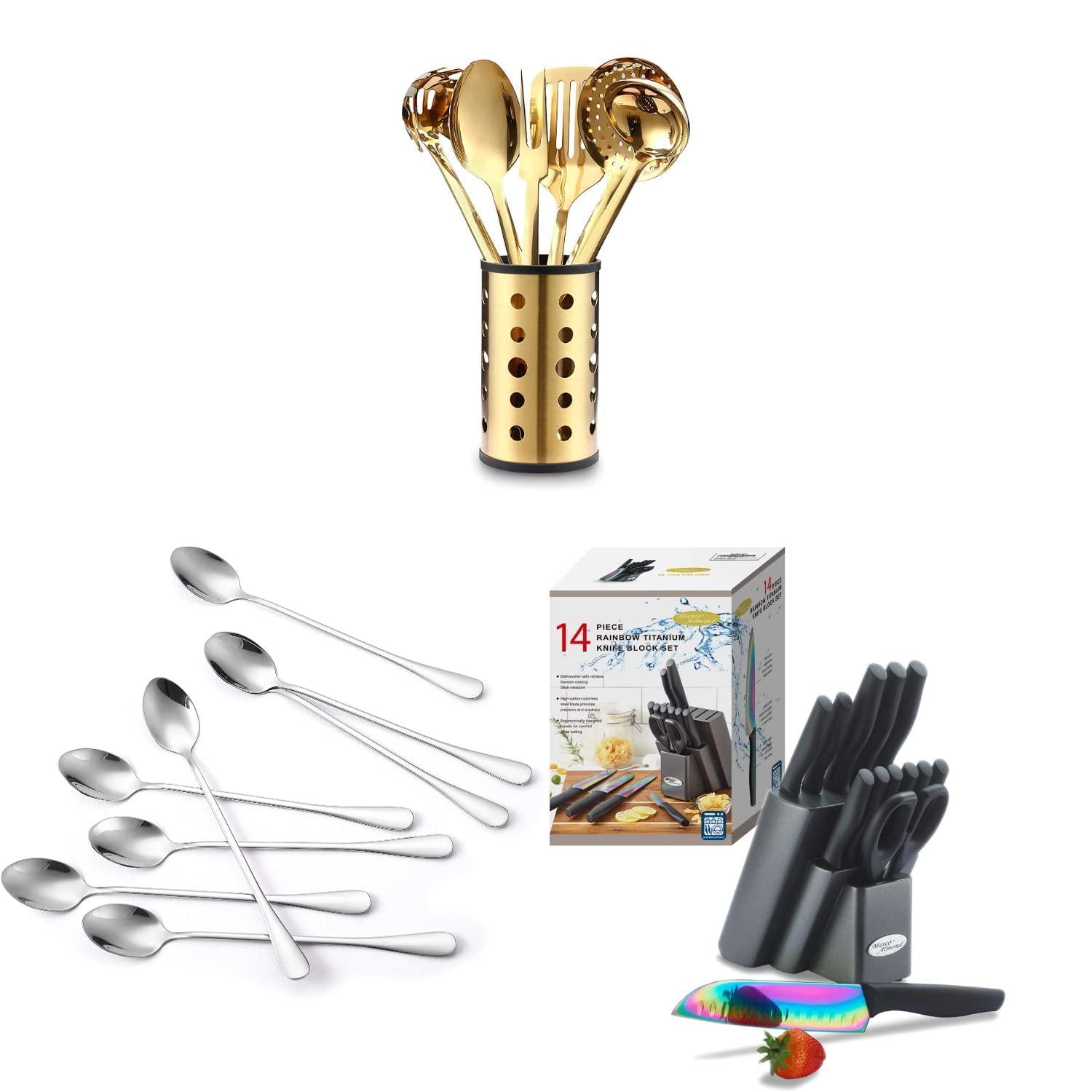 Premium Marco Almond KYA51B 12-Piece Kitchen Utensil Set with KYA60 Iced Tea Spoon & KYA25 Rainbow Titanium Knife Block Set - Dishwasher Safe Cookware for Baking, Cooking & Entertaining - Perfect for Home Chefs & Dinner Parties