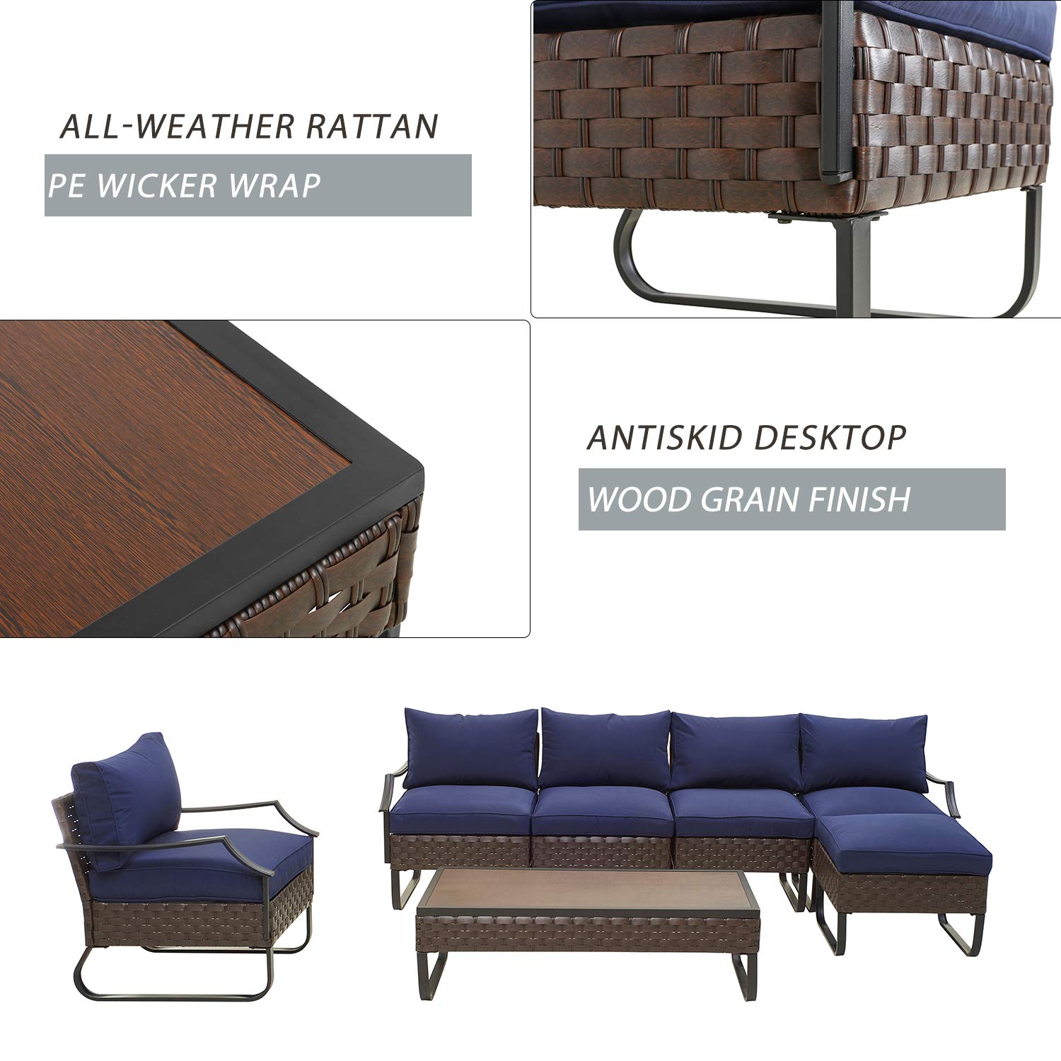 7-Piece All-Weather PE Rattan Patio Furniture Set - Outdoor Sectional Sofa with Coffee Table, Ottoman & Removable Cushions (Blue) | Perfect for Backyard, Poolside & Garden Relaxation