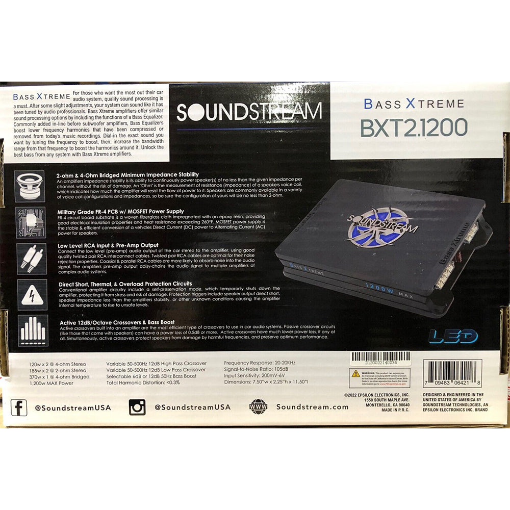 Soundstream BXT2.1200 Bass Xtreme Series 2 Channel Car Amplifier - 1200W High Power Audio Amp for Car Stereo & Subwoofer | Perfect for Car Audio Upgrades & Bass Enhancement