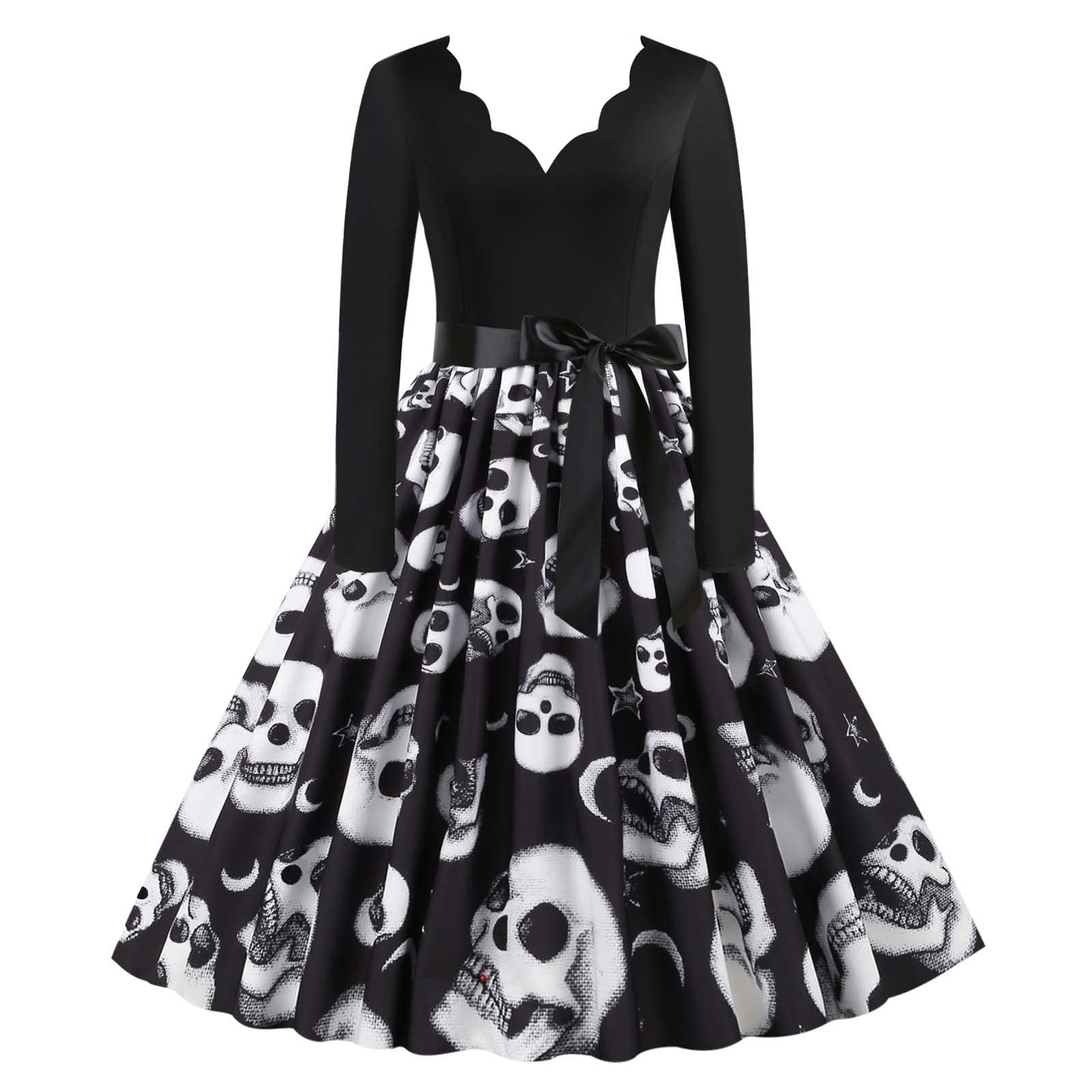 Ylioge Women's White Skull Print Pleated Midi Dress - Long Sleeve Ruffle V-Neck Swing Shirt Dress for Halloween, Parties & Trendy Outfits