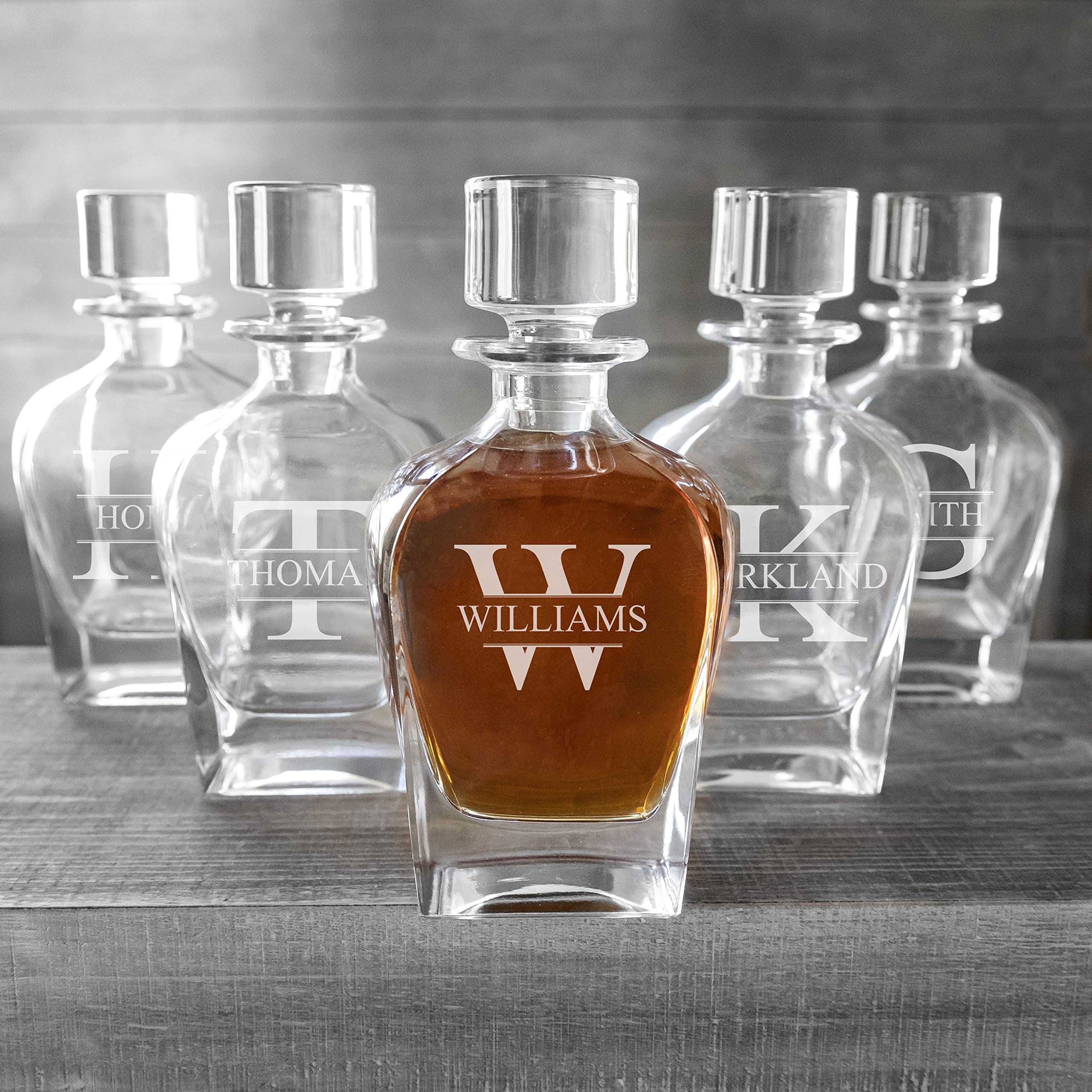 Personalized Decanter Set for Men - Custom Engraved Whiskey Decanters (Set of 5, 24 oz Antique) - Unique Groomsmen Proposal Gifts for Weddings, Bachelor Parties & Special Occasions
