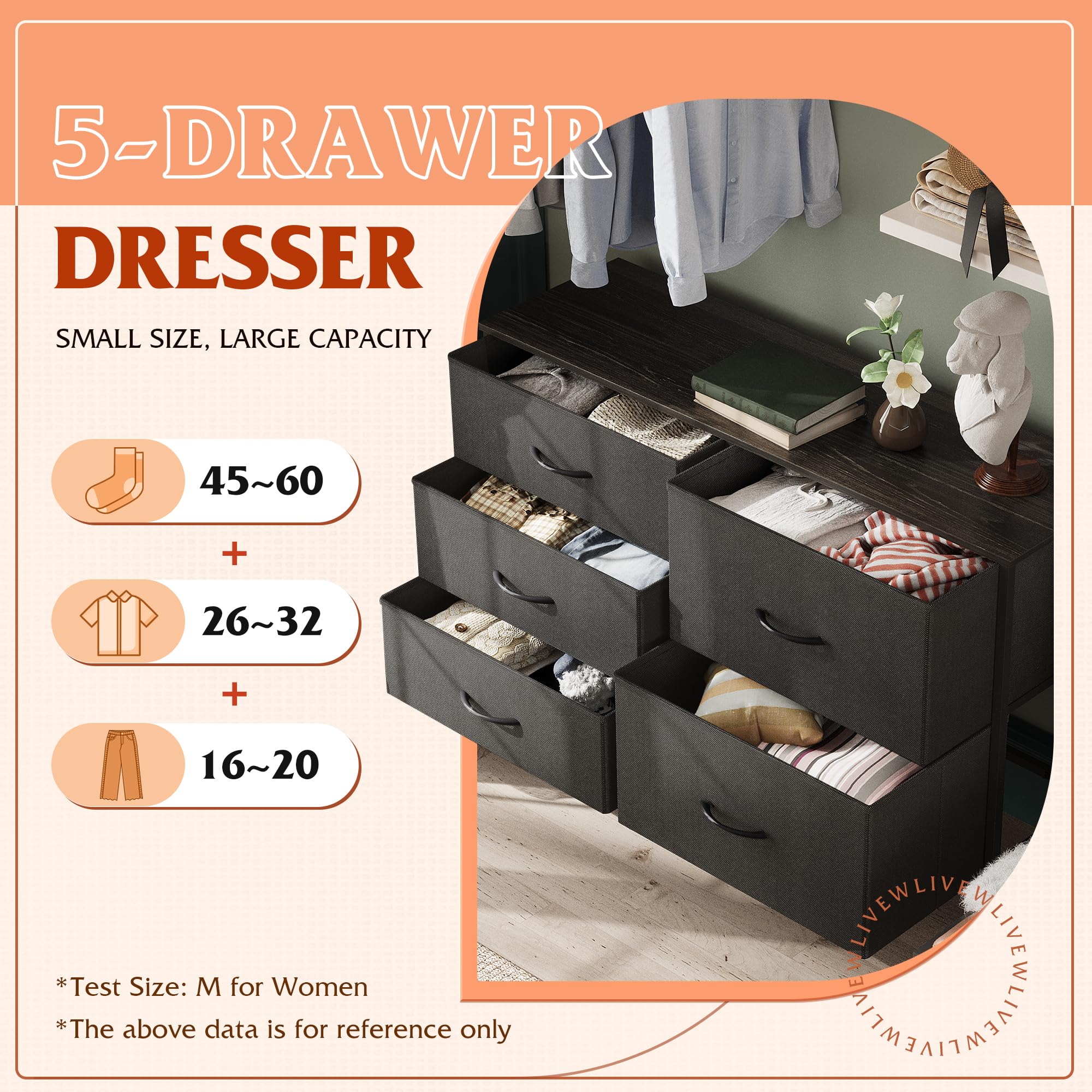 5-Drawer Fabric Dresser for Bedroom & Living Room - Wide Storage Chest with Drawer Organizers, Charcoal Black - Perfect for Closet, Hallway & Small Space Organization