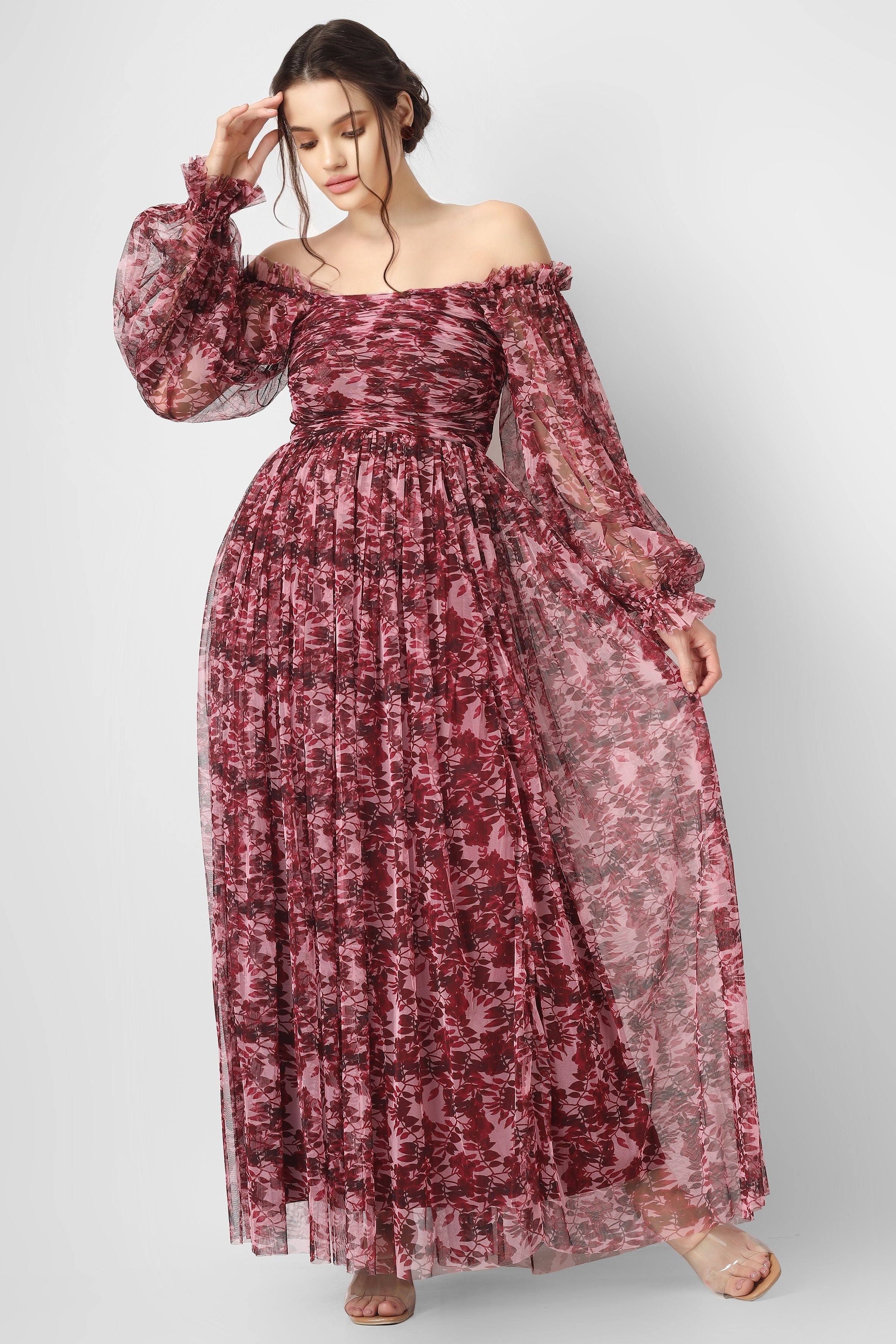 Lana Burgundy Printed Tulle Dress for Women - Elegant A-Line Party Gown with Floral Design, Perfect for Weddings, Prom, Evening Events and Special Occasions